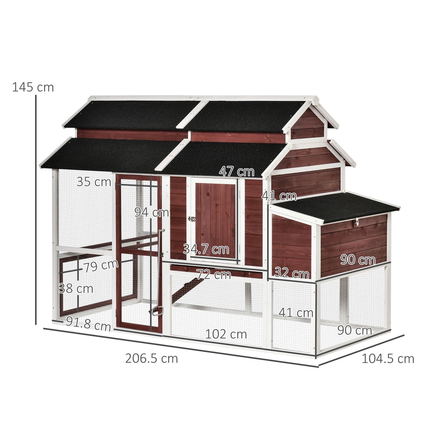 PawHut Deluxe Chicken Coop, Multi-room Hen House, Wooden Poultry Cage w/ Outdoor Run, Nesting Box, Removable Tray, Waterproof Asphalt Roof and Lockable Doors, 207 x 105 x 145cm 207cm Coop House Tray