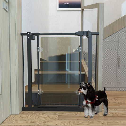 PawHut Pressure Fit Pet Safety Gate, Auto-Close Dog Barrier Stairgate, with Double Locking, Acrylic Panel, for Doors, Hallways, Staircases, Openings 74-80 cm/84-90 cm, Extensions Kit, Black Barrier, w/ 74-80cm/84-90cm