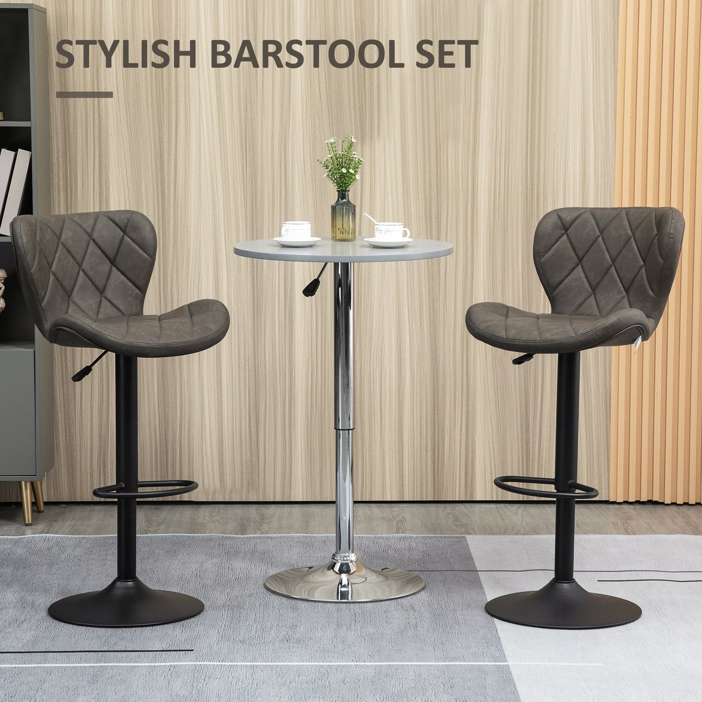 HOMCOM Adjustable Height Bar Stools Set of 2, Swivel Barstools with Backrest and Footrest, Steel Frame Diamond Pattern PU, for Kitchen Counter Dining Room, Dark Grey