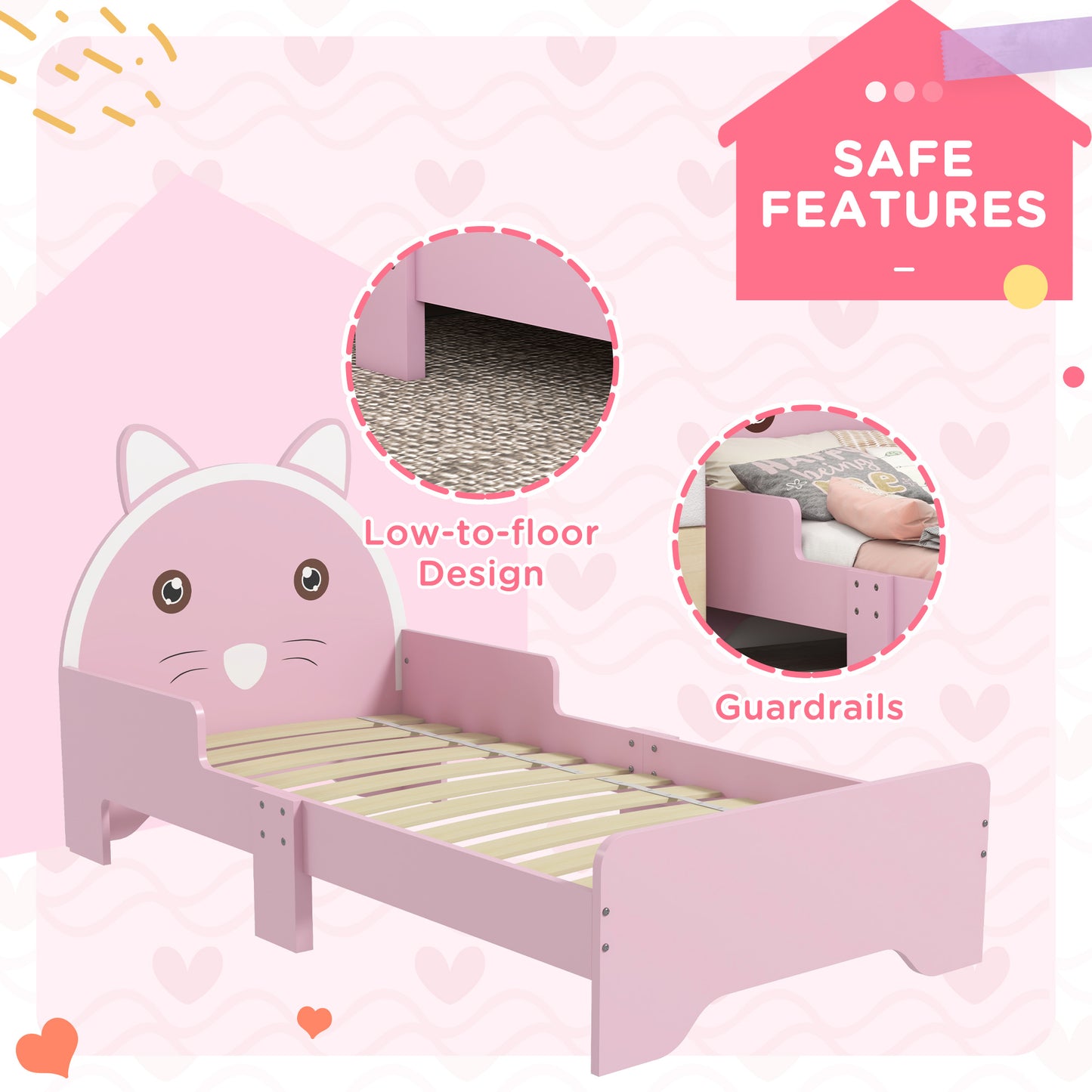 ZONEKIZ Bed for Kids Cat Design Toddler Bed Frame Bedroom Furniture with Guardrails, for 3-6 Years, 143L x 74W x 72Hcm - Pink
