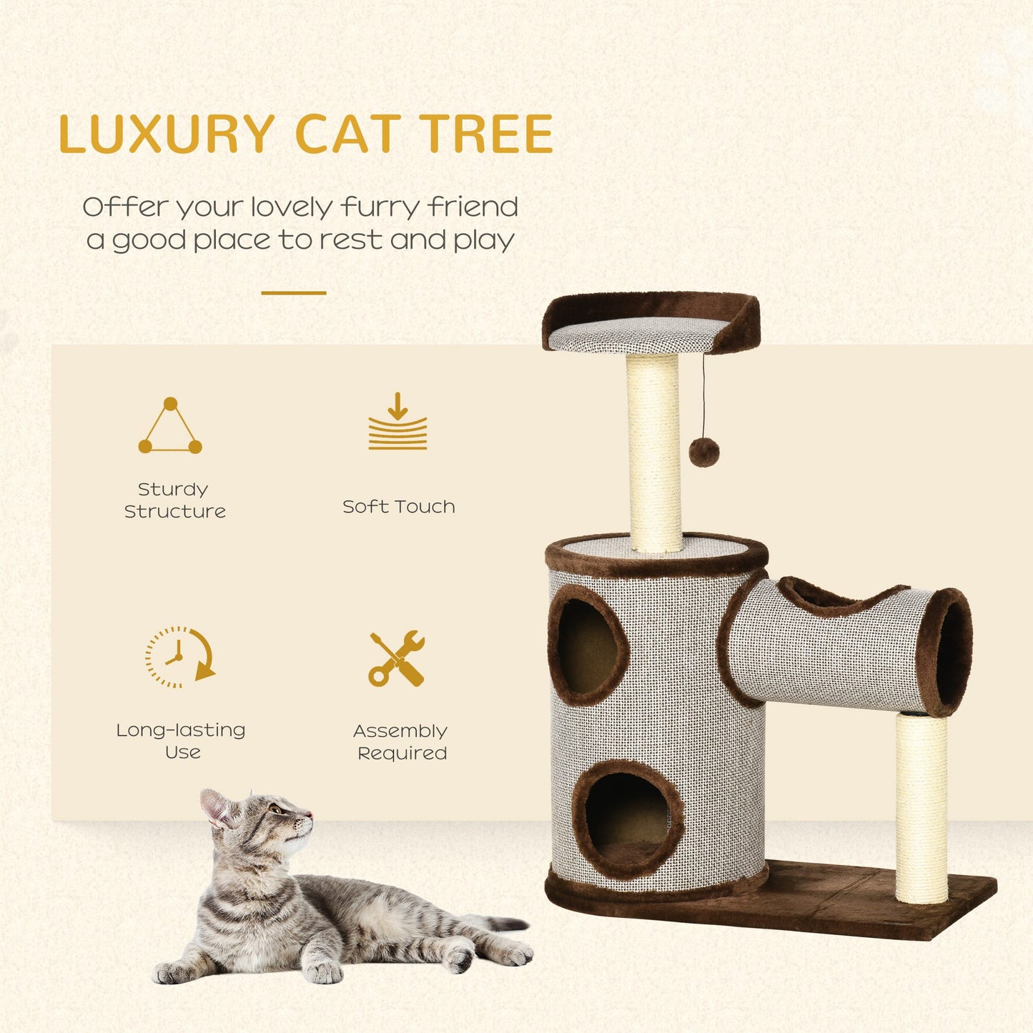 PawHut Cat Tree Tower Climbing Activity Center Kitten Furniture with Cat Condo Bed Sisal Scratching Post Hanging Ball 75 x 39 x 104cm Brown