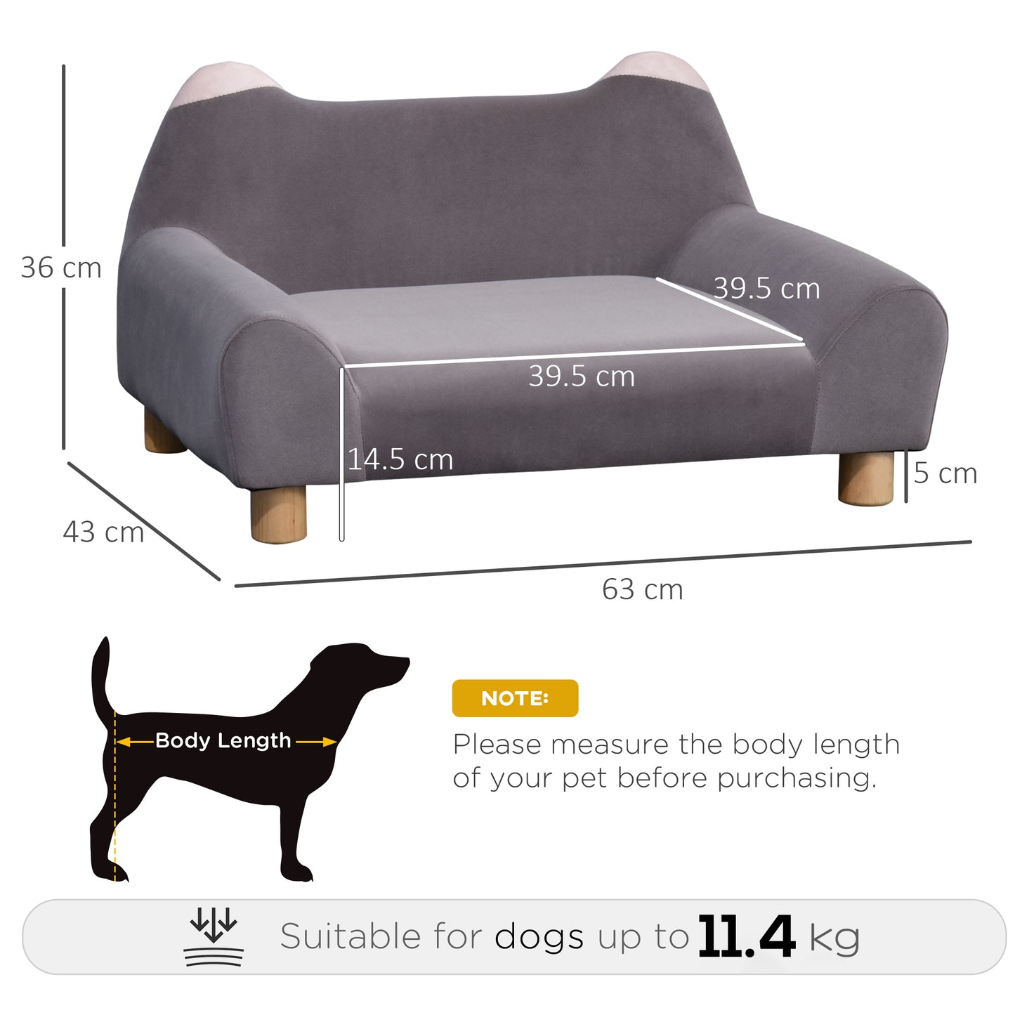 PawHut Pet Sofa Couch, Velvet-Touch Dog Bed, Cat Lounger w/ Four Wooden Legs 63x43x36 cm - Grey