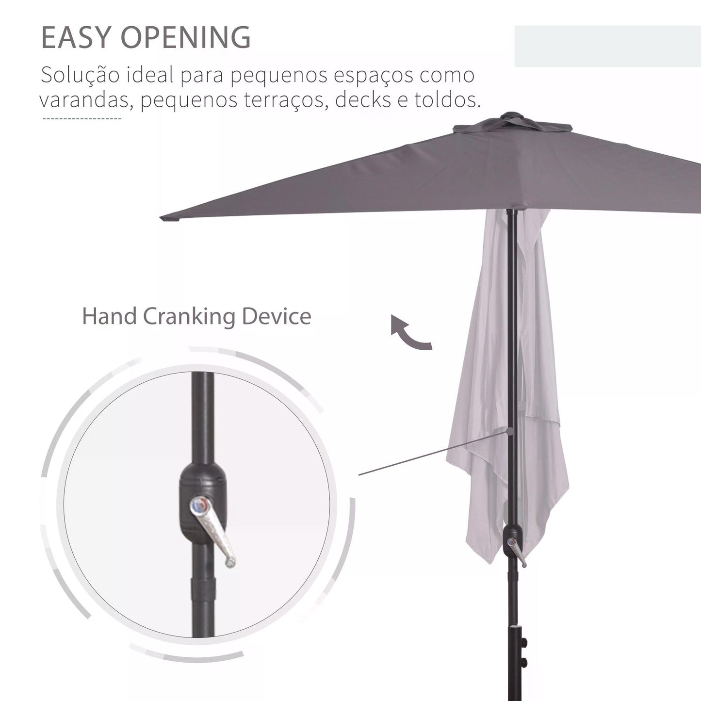 Outsunny 2.3m Half Round Parasol Umbrella Balcony Sun Shade Metal Grey