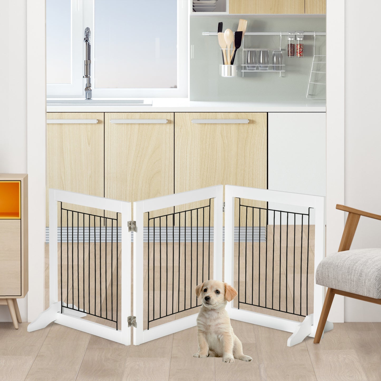 PawHut Dog Gate, Freestanding Pet Gate, Wooden Puppy Fence Foldable Design with 61 cm Height 3 Panels, 2 Support Feet, for House Doorway Stairs, Small Dogs, White