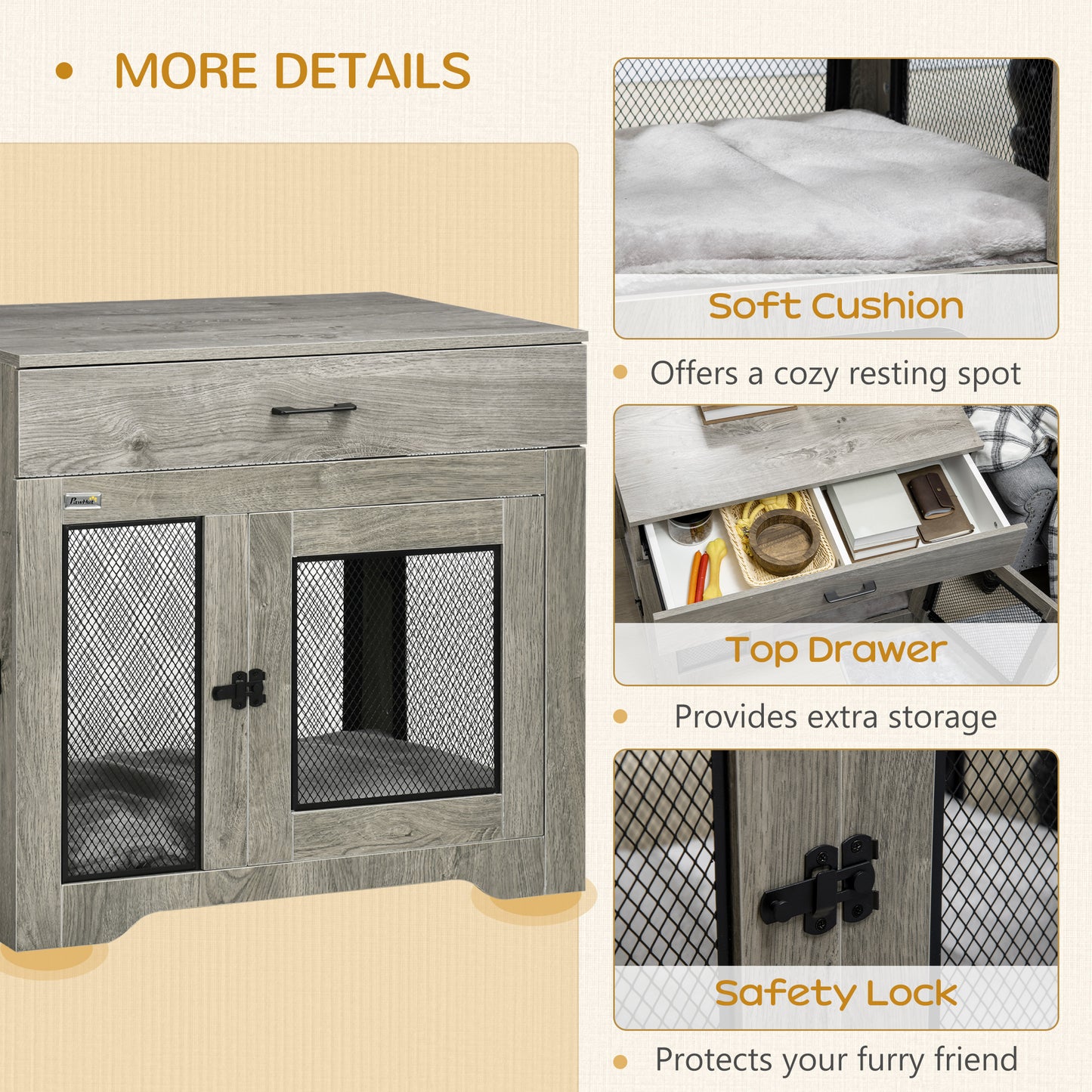 PawHut Indoor Use Dog Crate Furniture with Cushion, Double Doors Pet Kennel End Table with Drawer for Medium Dogs, Grey