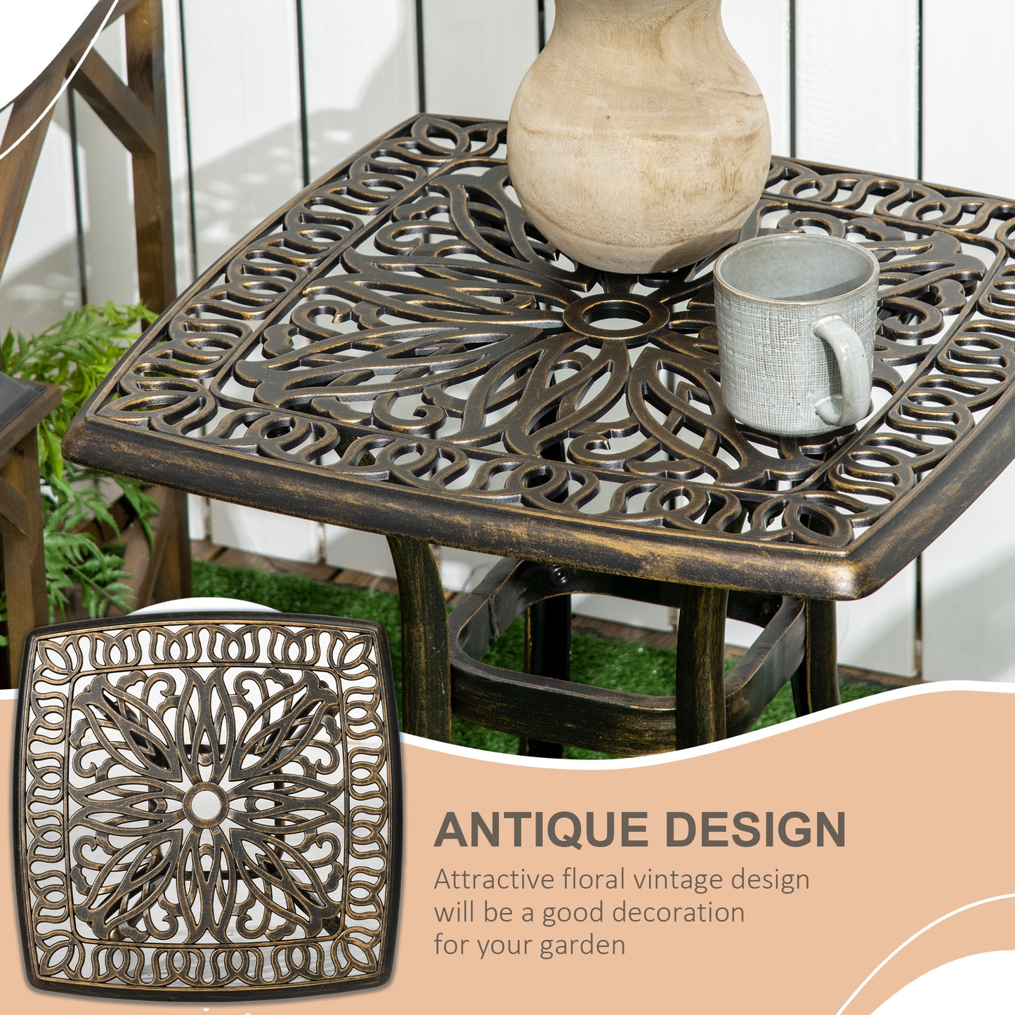 Outsunny Outdoor Patio Side Table with 38mm Dia. Umbrella Hole Cast Aluminium Patio coffee Table 54 x 54cm Bronze