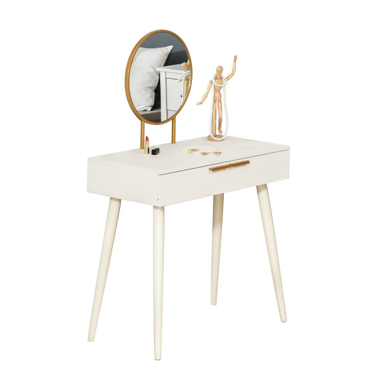 HOMCOM Modern Dressing Table with Round Mirror, Makeup Vanity Table with 2 Drawers for Bedroom, Living Room, White
