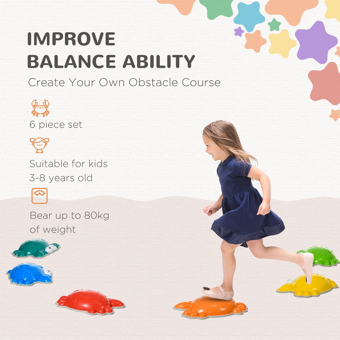 ZONEKIZ 6PCs Kids Stepping Stones w/ TPE AntiSlip Edge CrabDesigned Balance River Stones Obstacle Courses Stackable