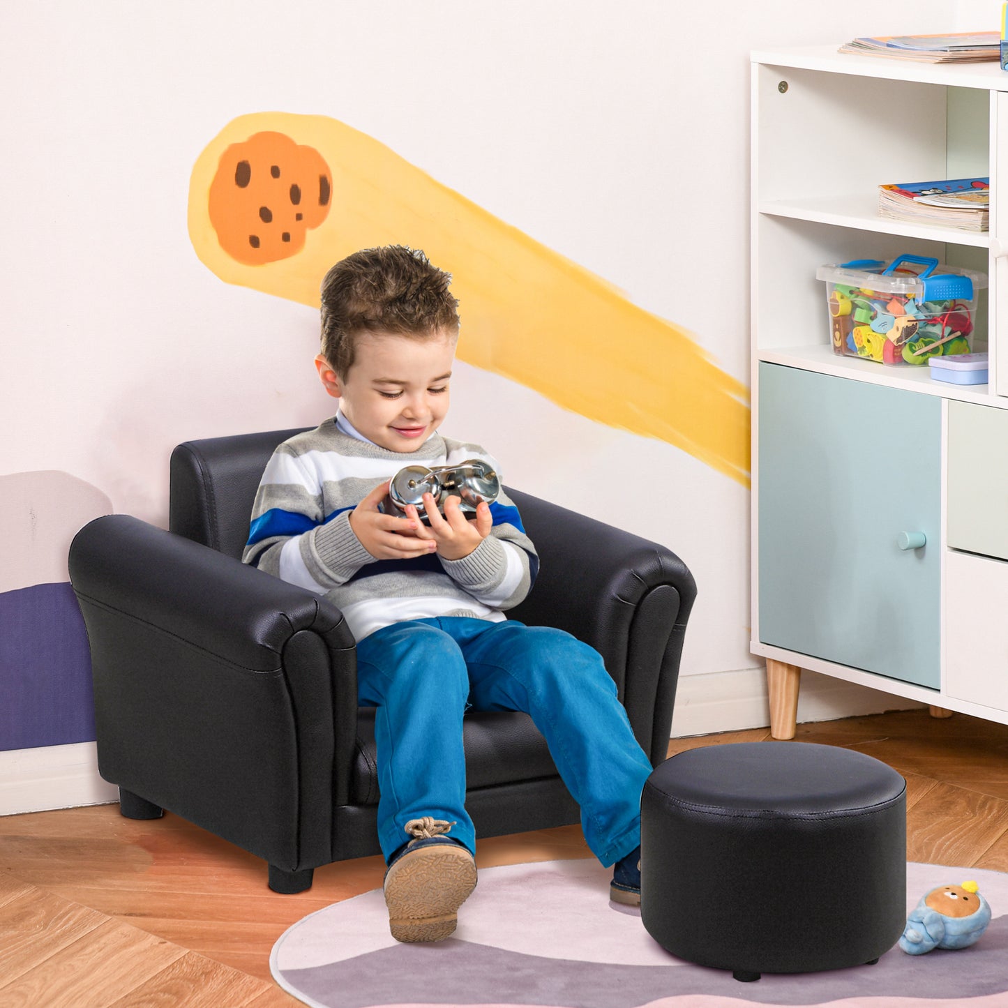 HOMCOM Toddler Chair Single Seater Kids Sofa Set 54 x 42 x 41cm Kids Sofa with Stool Black