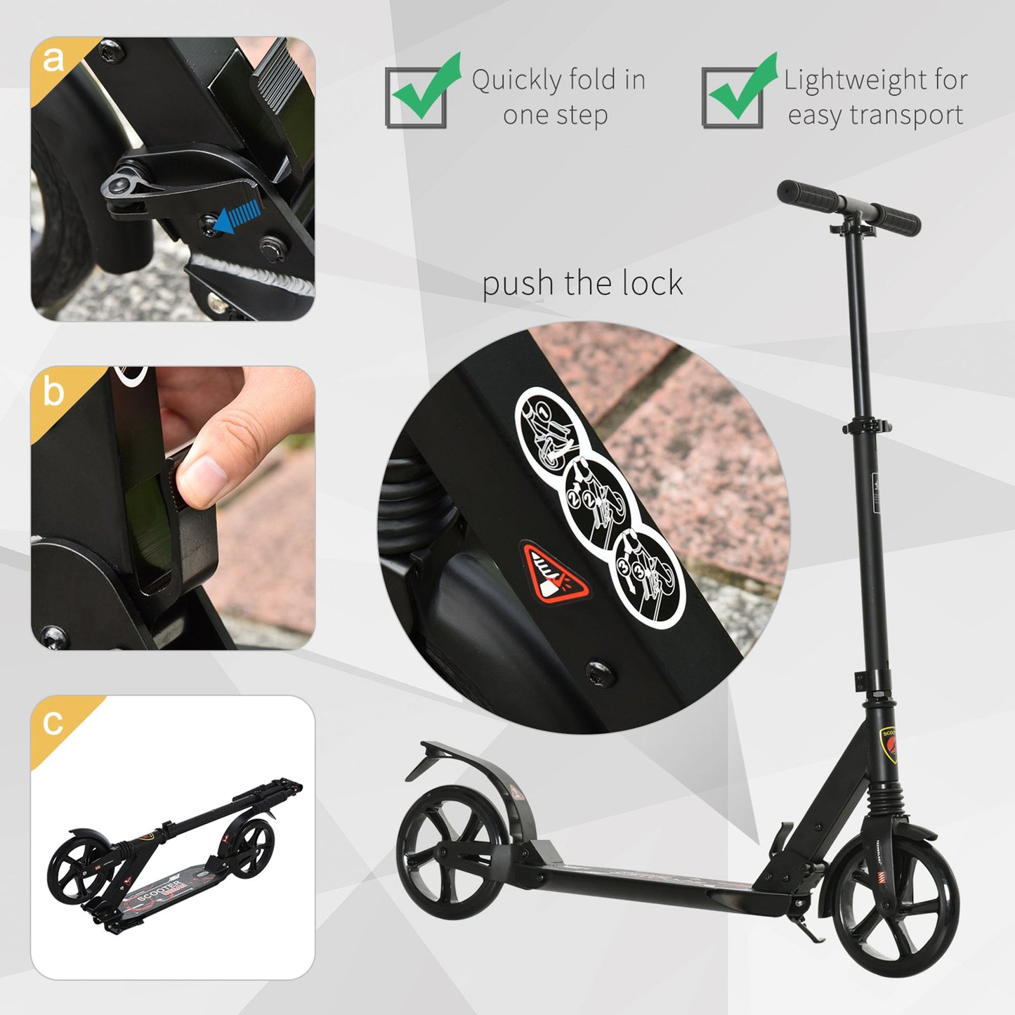 HOMCOM Foldable Kick Scooter, Adjustable Height, 94L x 38W x 90-105Hcm-Black