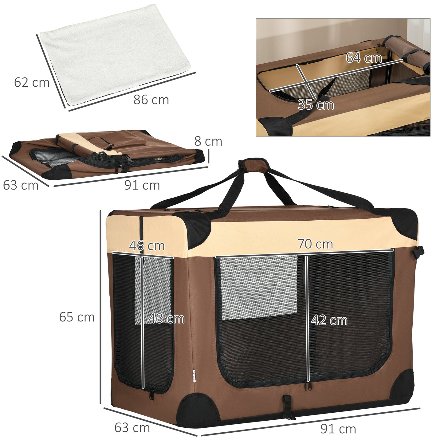 PawHut 91cm Foldable Pet Carrier, with Cushion, for Medium Dogs and Cats - Brown