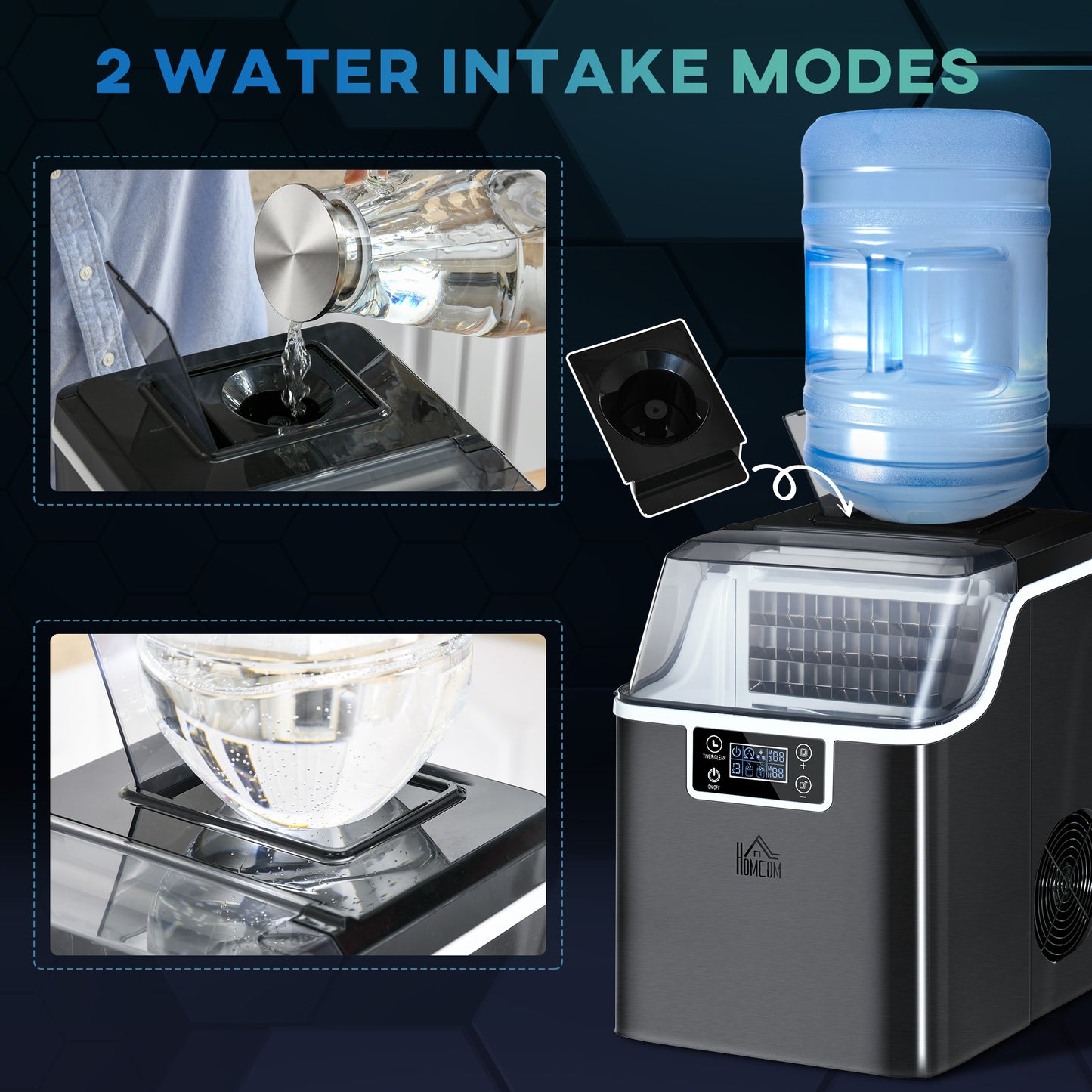 HOMCOM Ice Maker Machine Countertop, 20Kg in 24 Hrs, 24 Cubes Ready in 14-18Mins, Stainless Steel Portable Ice Cube Maker, 3.2L w/ Adjustable Cube Size, Self-Cleaning, Scoop, Basket for Home, Black