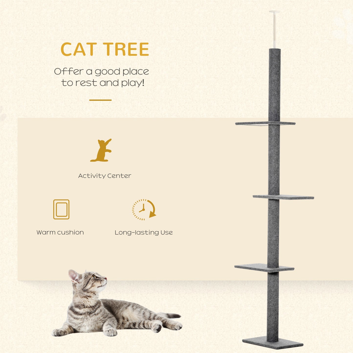 PawHut 260cm Floor To Ceiling Cat Tree w/ 3 Perches Activity Center for Kittens Cat Tower Furniture Grey