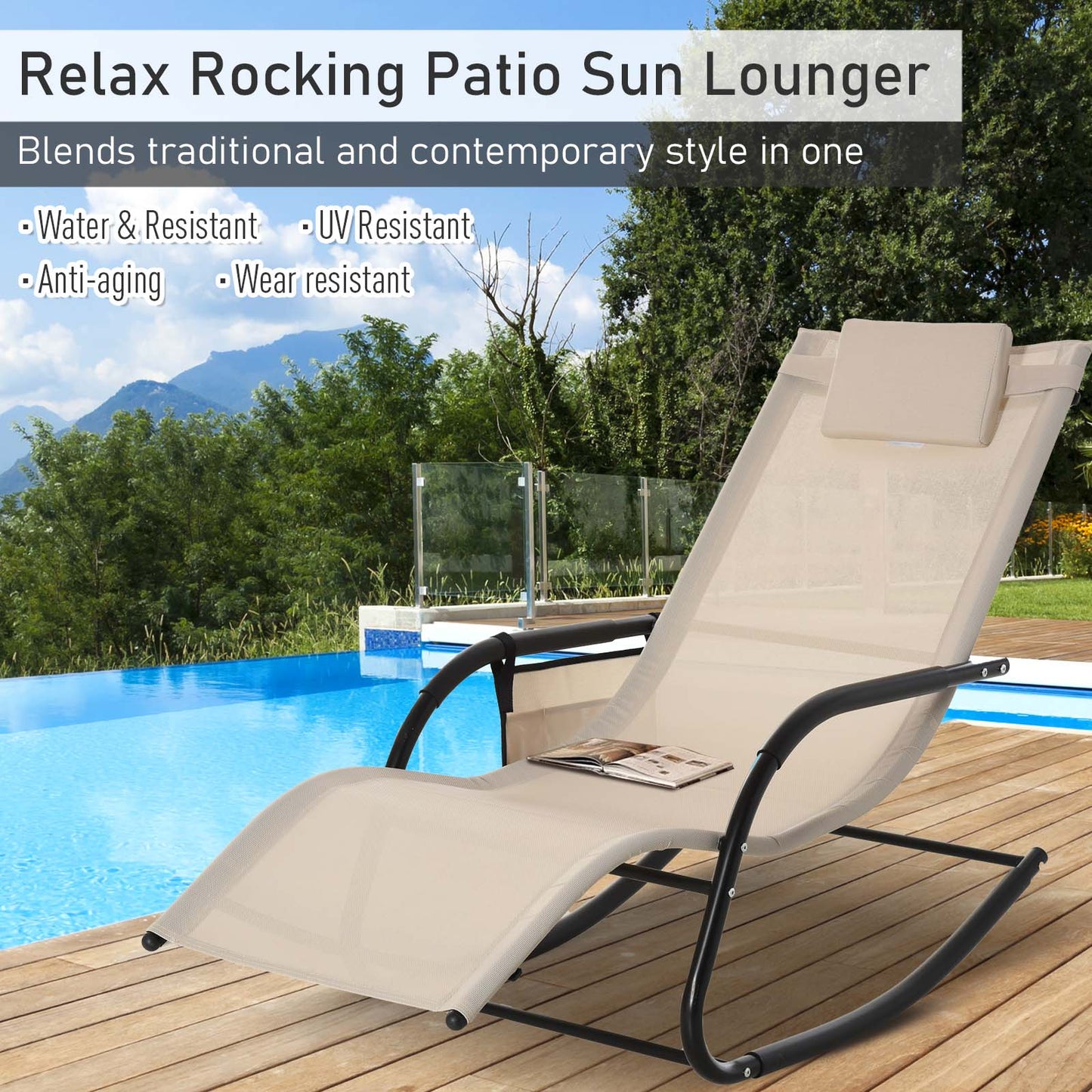 Outsunny Breathable Mesh Rocking Chair for Indoor & Outdoor Recliner Seat w/ Headrest