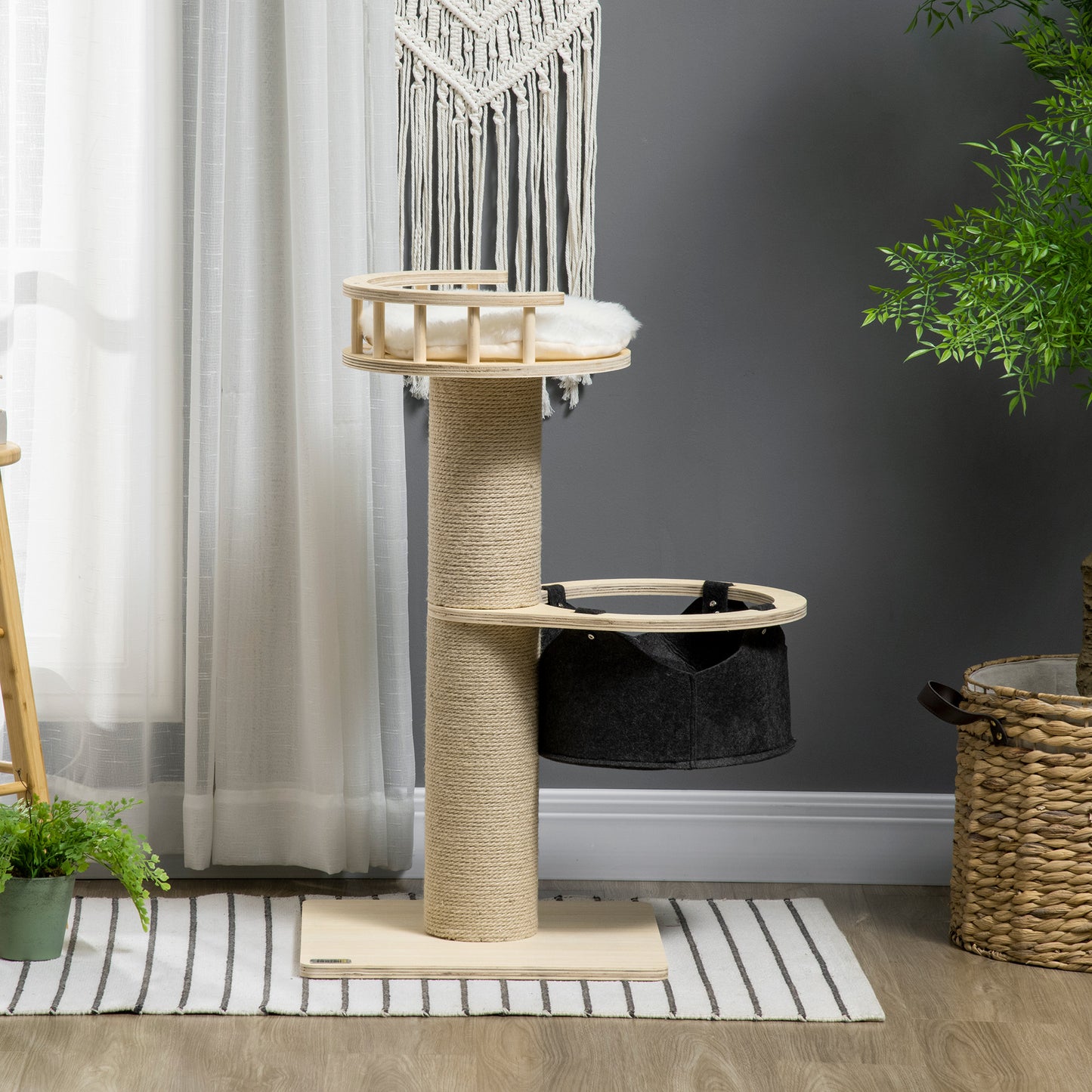 PawHut 84cm Cat Tree, Kitty Activity Center with Hammock & Bed, Cat Tower with Jute Scratching Post, Natural