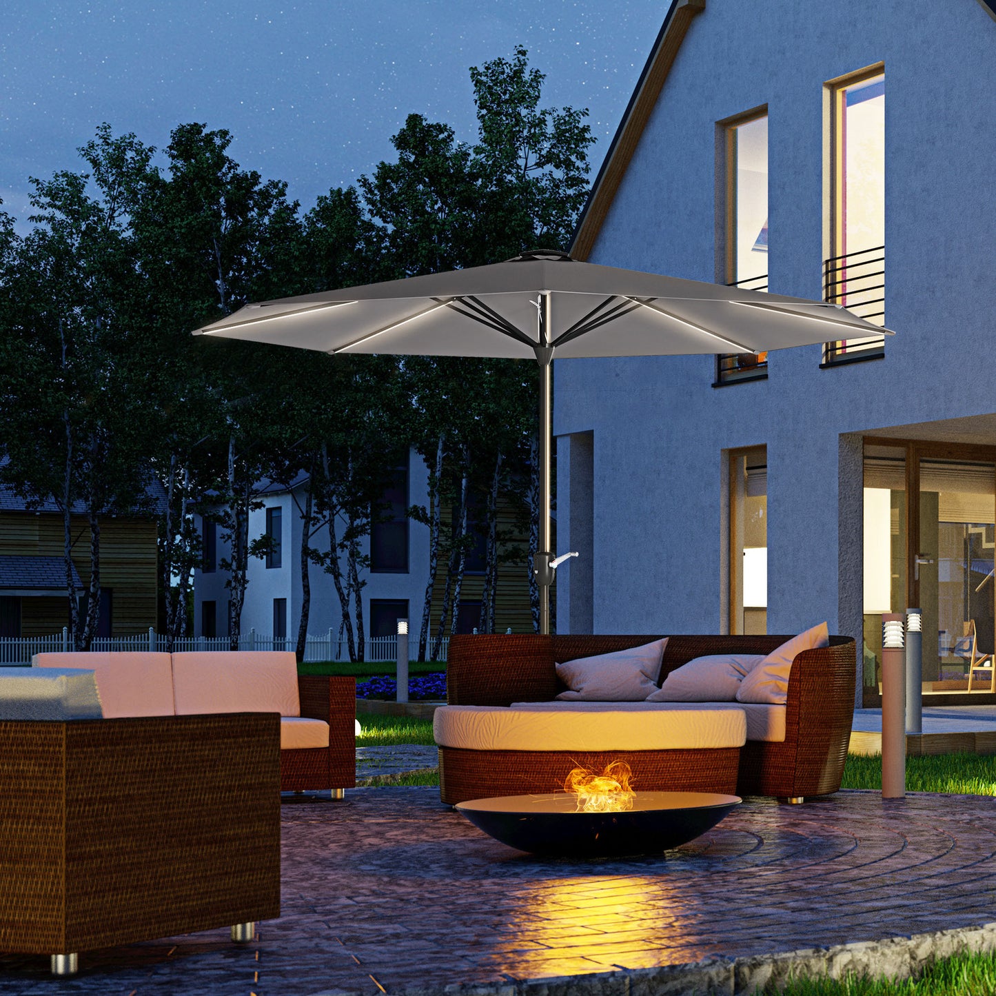 Outsunny Garden Parasol with LED Lights, Solar Charged Patio Umbrella with Crank Handle, for Outdoor, Charcoal Grey