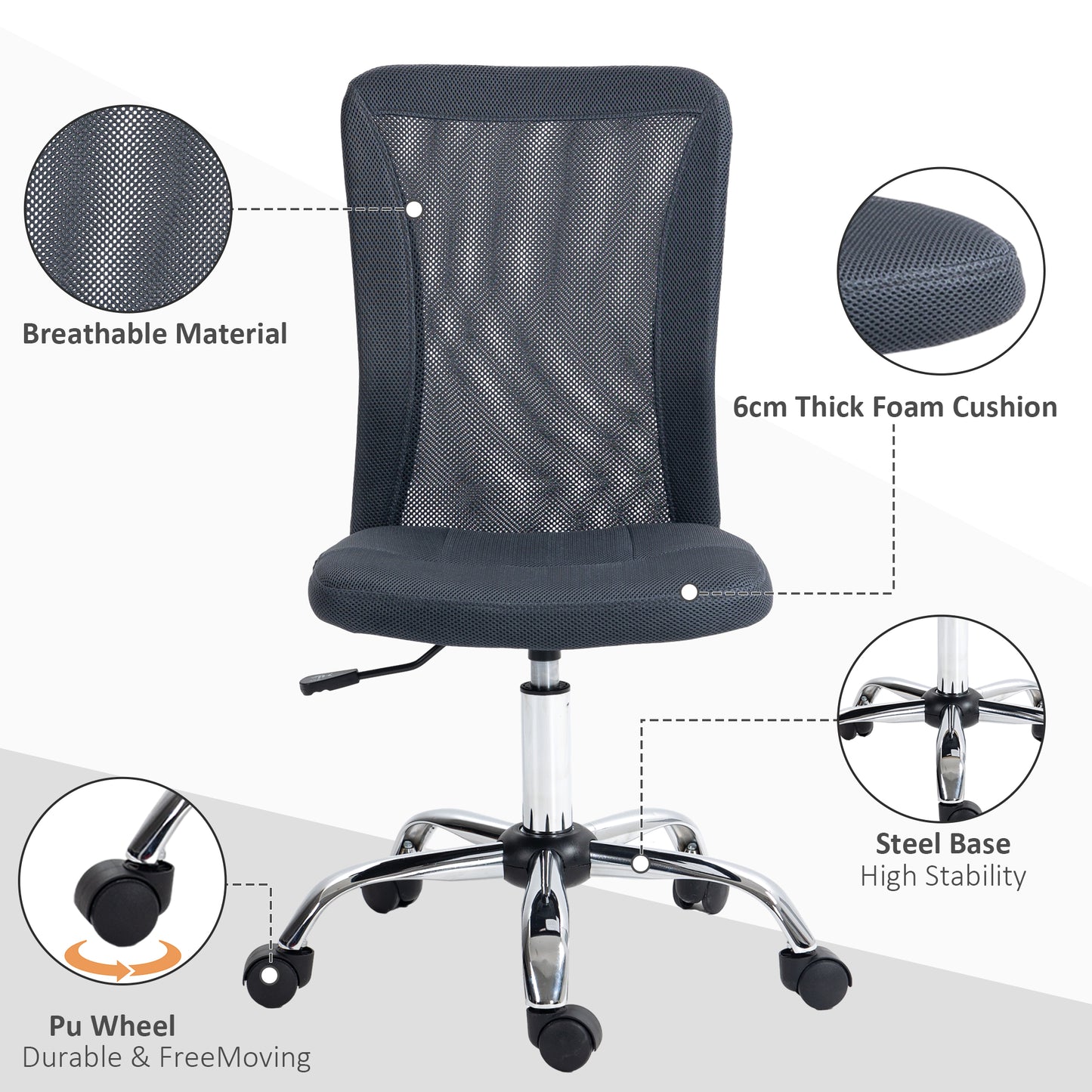 Vinsetto Computer Desk Chair Mesh Office Chair with Adjustable Height and Swivel Wheels Armless Study Chair Dark Grey