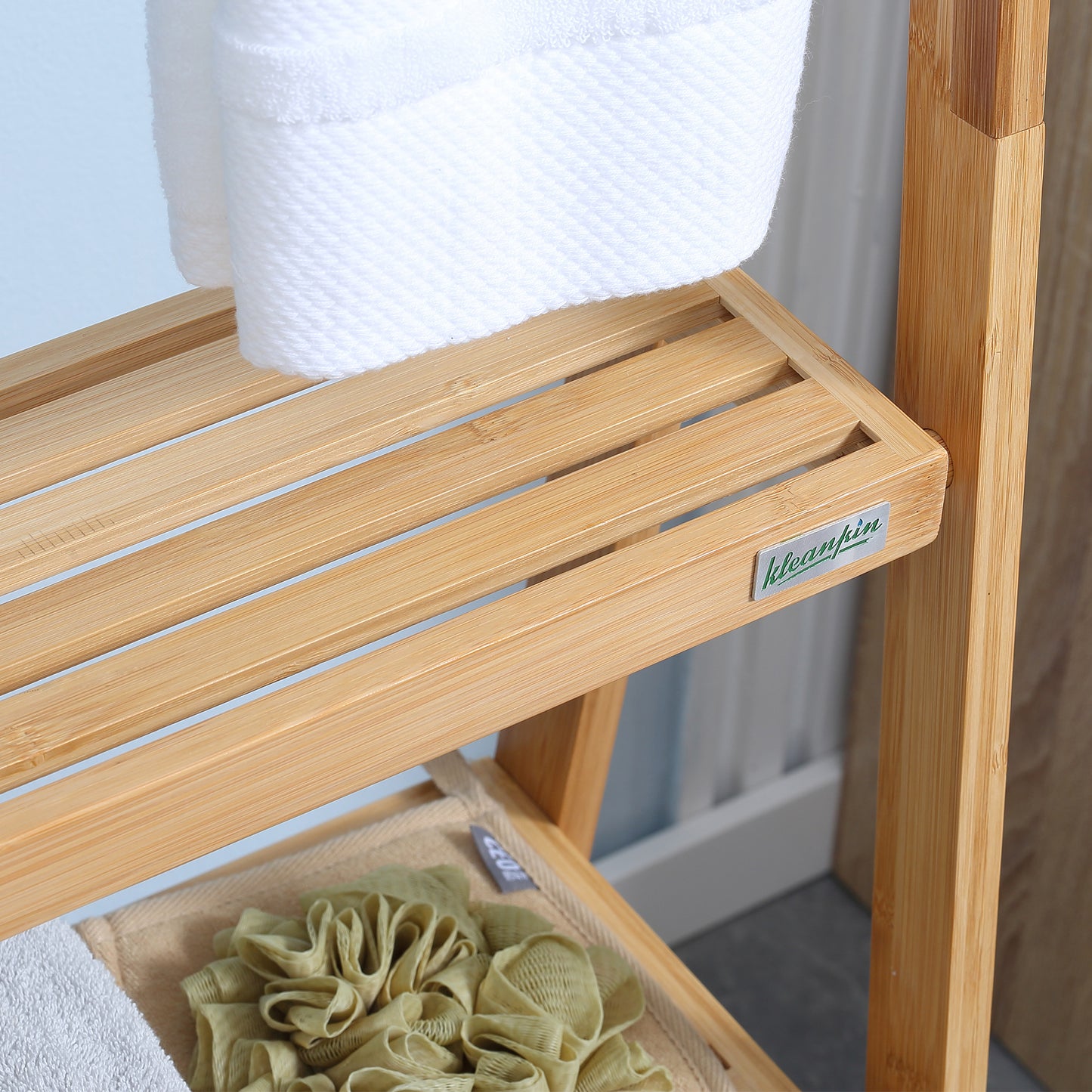 kleankin Freestanding Natural Bamboo Towel Rack with 3 Towel Rails and 3 Storage Shelves, Space-Saving Foldable Towel Holder for Bathroom