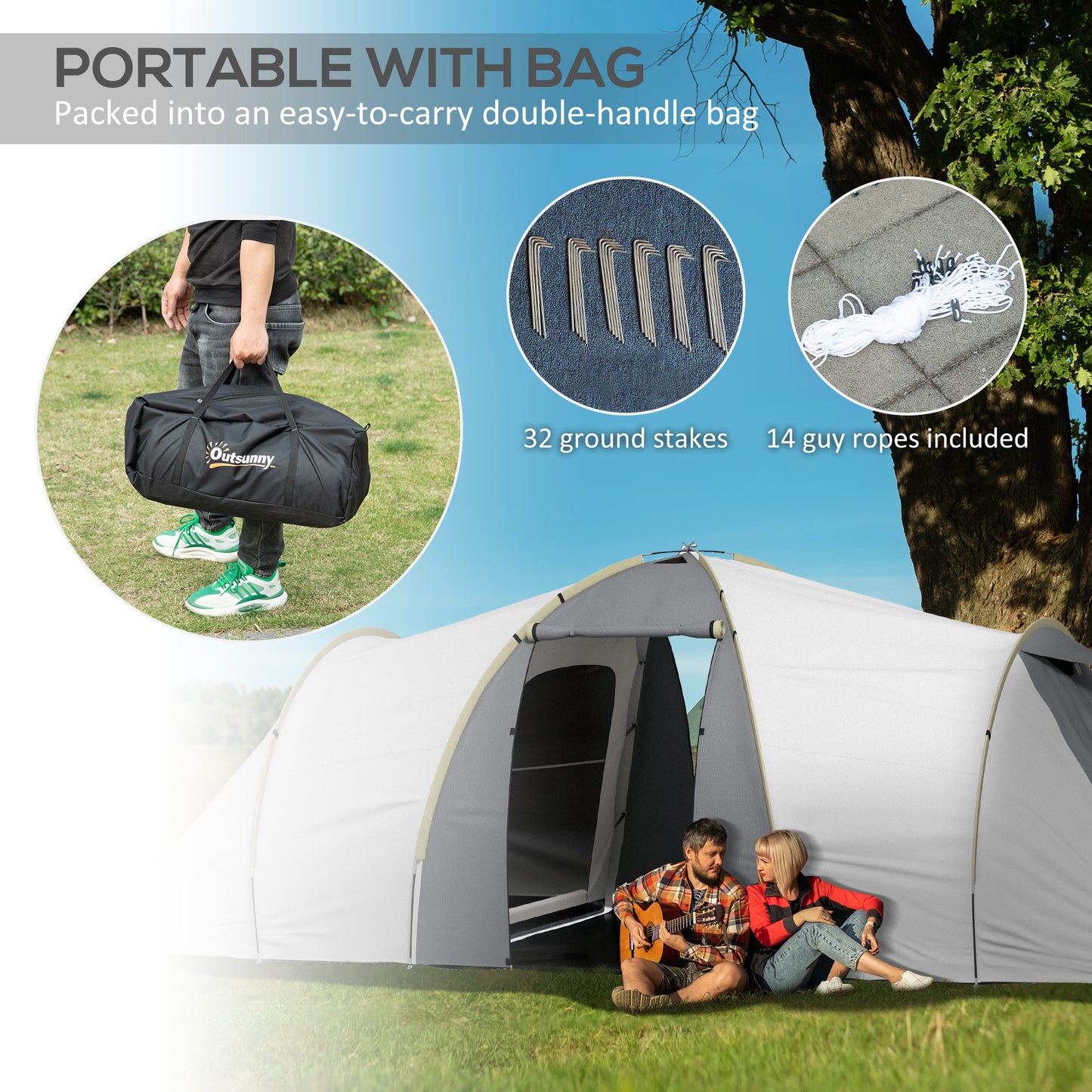 Outsunny 4-6 Man Tunnel Tent Camping Tent with 2 Bedroom, Vestibule, Bag, 2000mm Waterproof, UV50+ for Fishing, Hiking, Festival