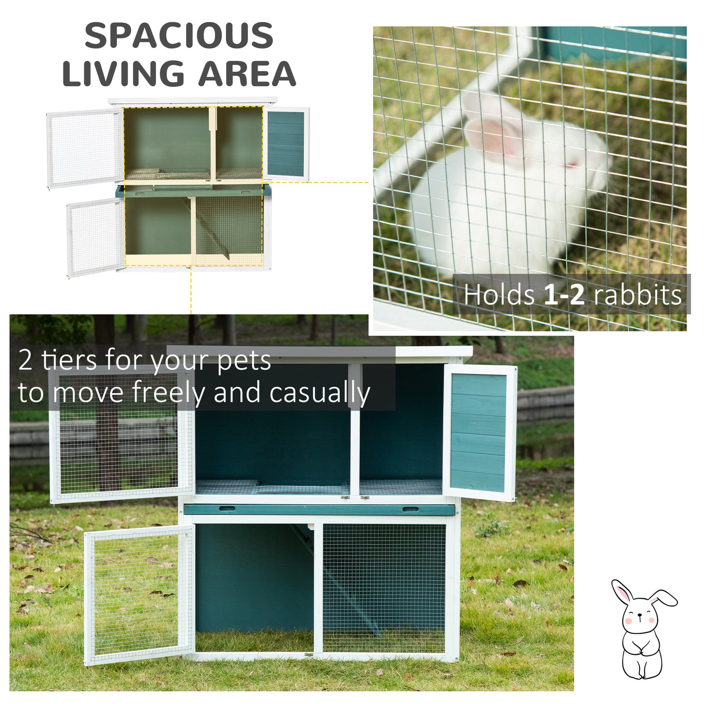 PawHut 2 Tier Wooden Rabbit Hutch, Guinea Pig Cage, Bunny Run, Small Animal House for Indoor Outdoor with Slide-out Tray, 104 x 58 x 110cm, Green