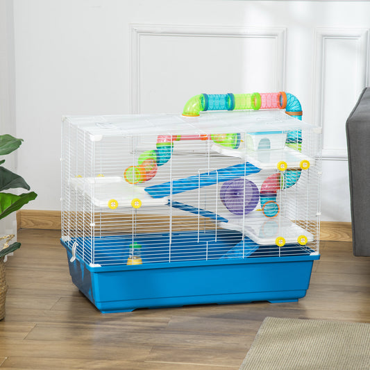 PawHut Large Hamster Cage, Multi-storey Gerbil Haven, Small Rodent House, Tunnel Tube System, with Water Bottle, Exercise Wheel, Food Dish, Ramps Blue, 79 cm x 46 cm x 60 cm