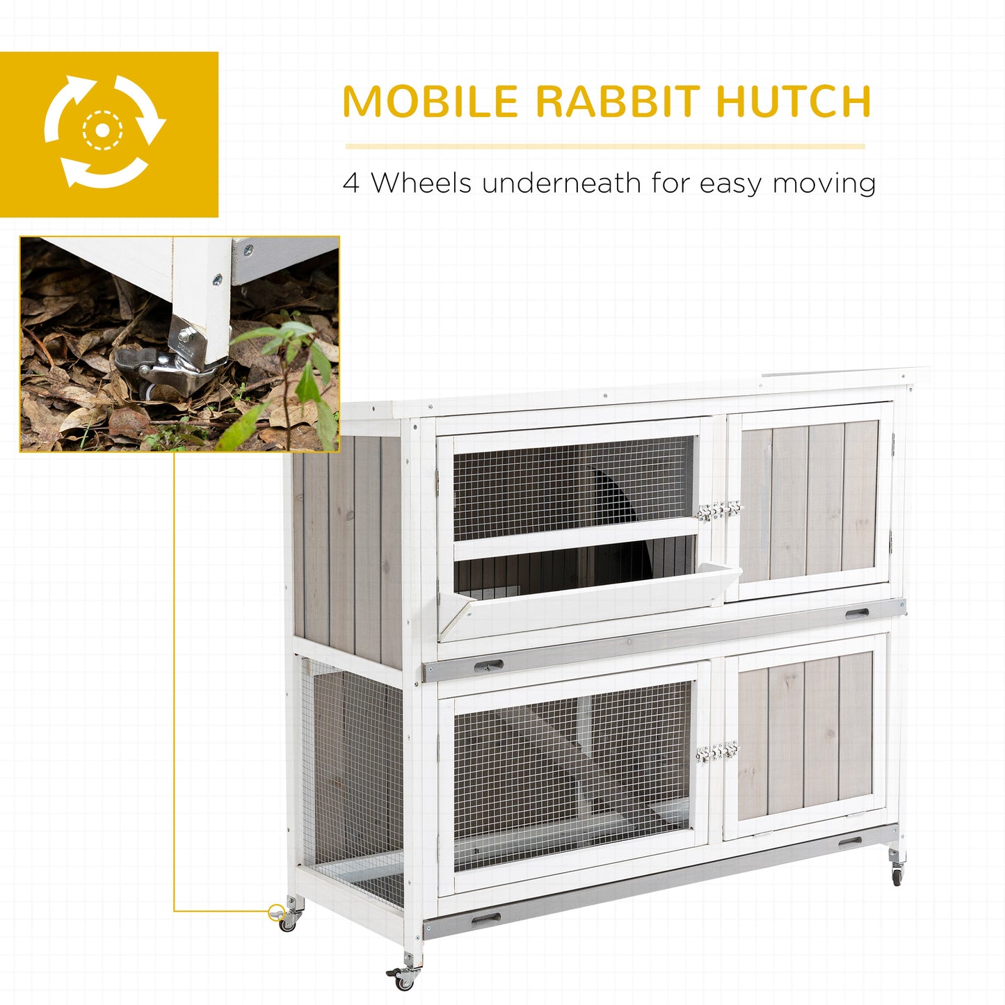 PawHut Wooden Rabbit Hutch Two-Tier Guinea Pig Cage Elevated Multi-Door Pet House Bunny Cage w/ Rain Cover, Wheels, Slide-Out Tray, Grey