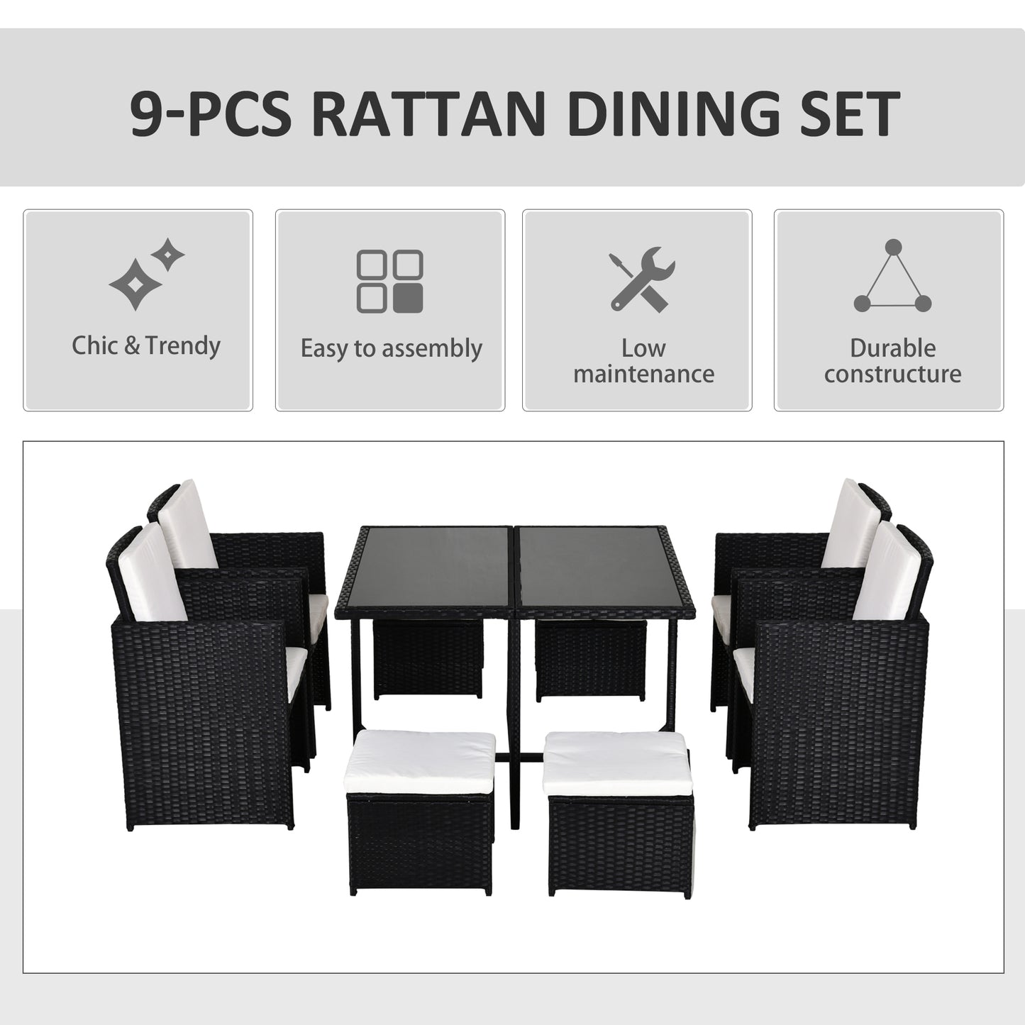 Outsunny Rattan Dining Set, 9 PC-Black/Milk White