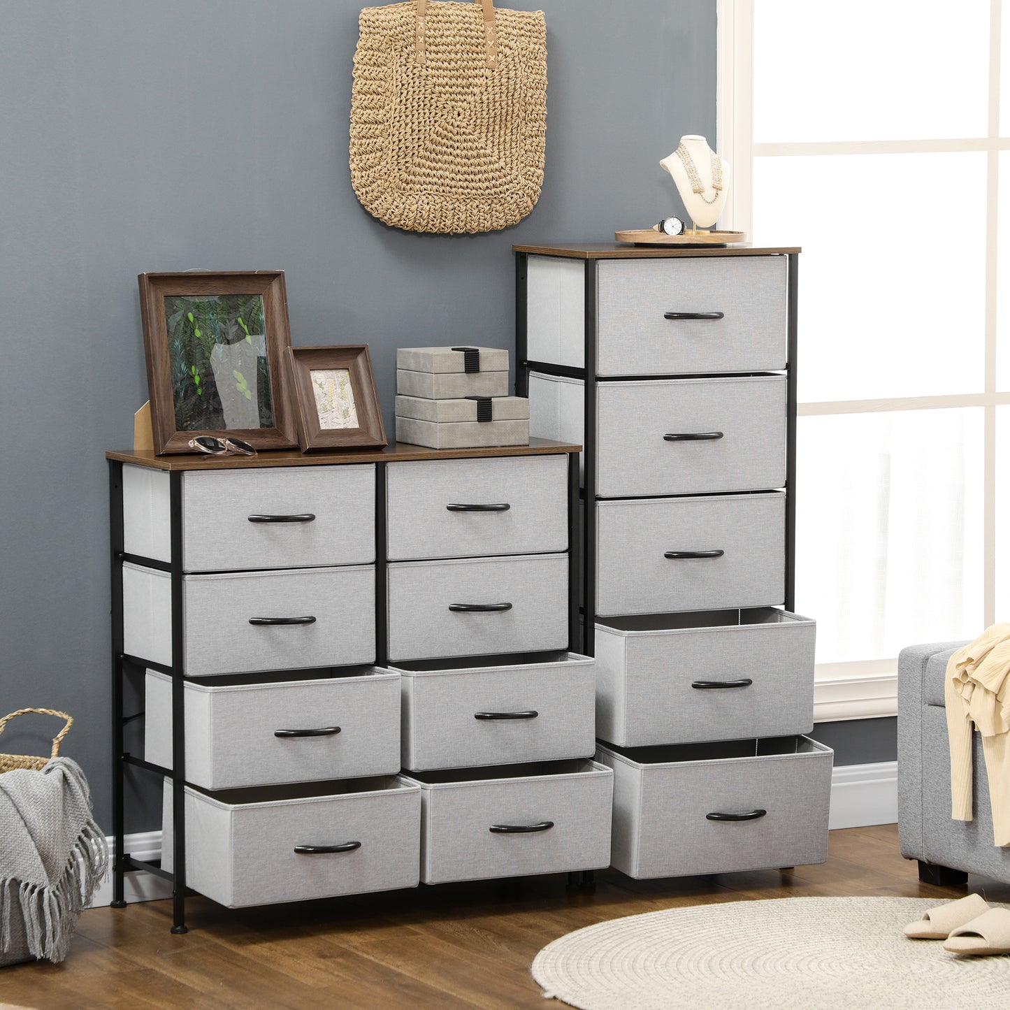 HOMCOM Chest of Drawers, Fabric Storage Drawers, Industrial Bedroom Dresser with 5 Fabric Drawers, Steel Frame and Wooden Top for Nursery, Living Room, Closet, Hallway, Grey