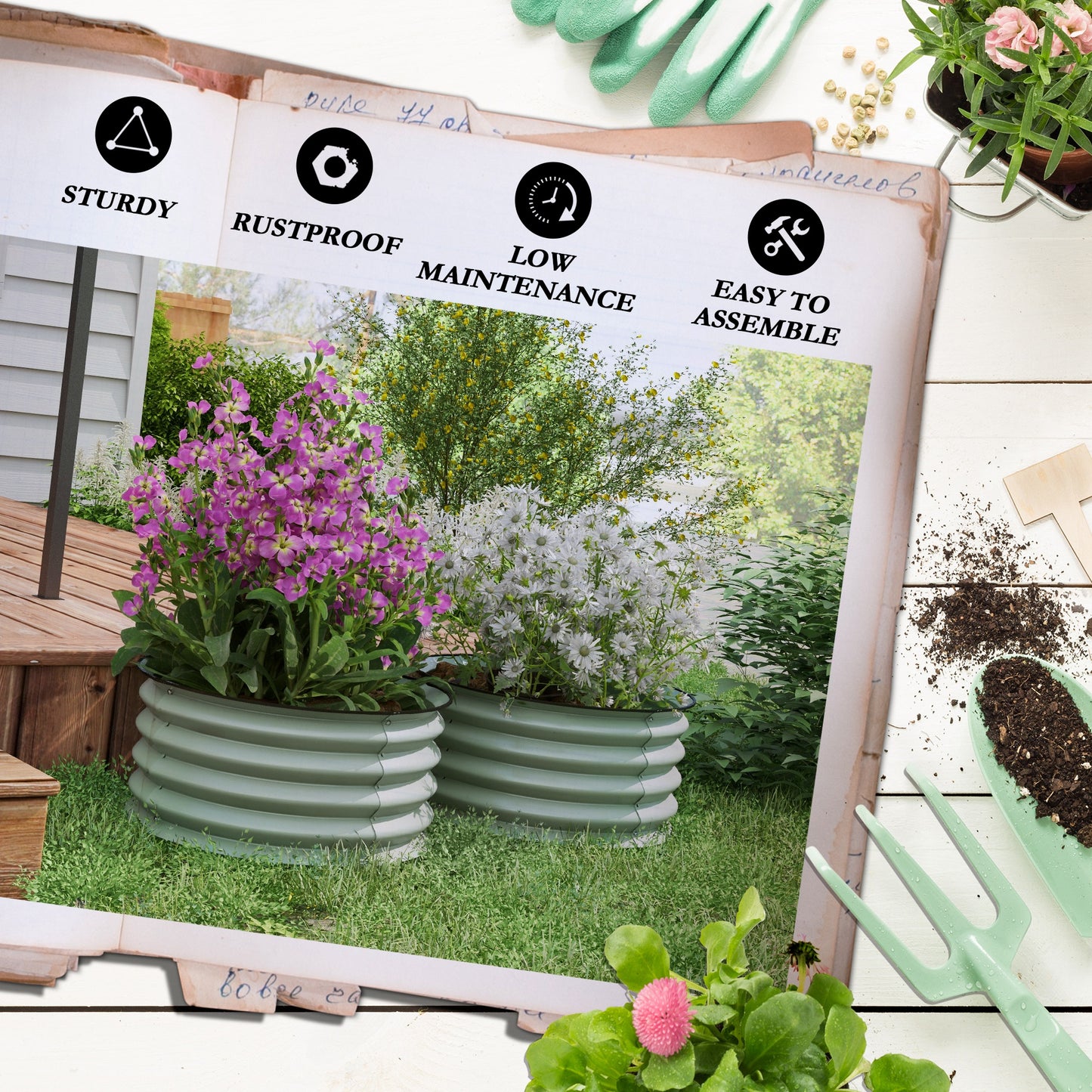 Outsunny Set of 2 Raised Garden Bed Metal Planter Box with Safety Edging Easytoassemble Stock Tank Green