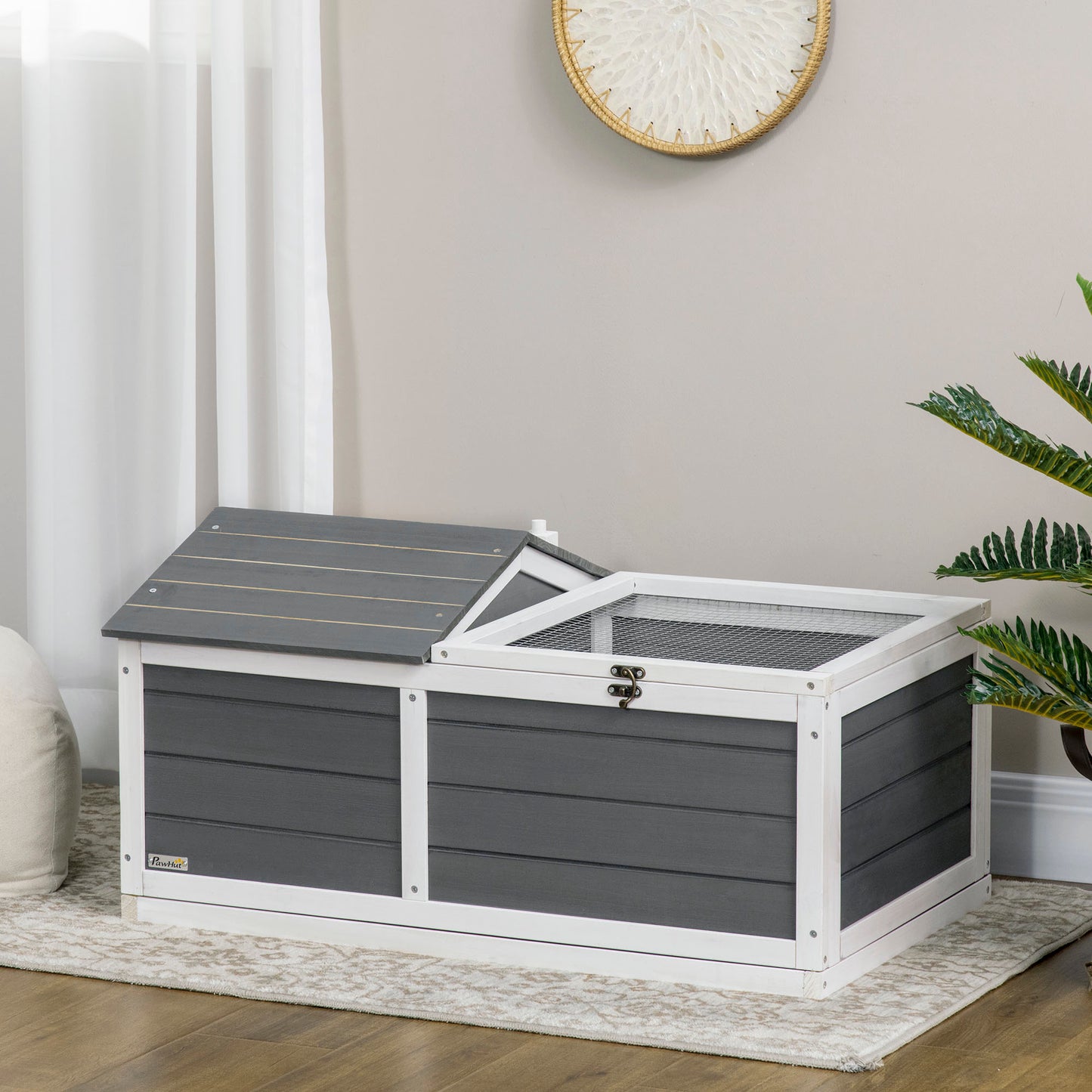 PawHut Wooden Tortoise House, Small Pet Reptile Shelter, with Hide Den and Run - Grey