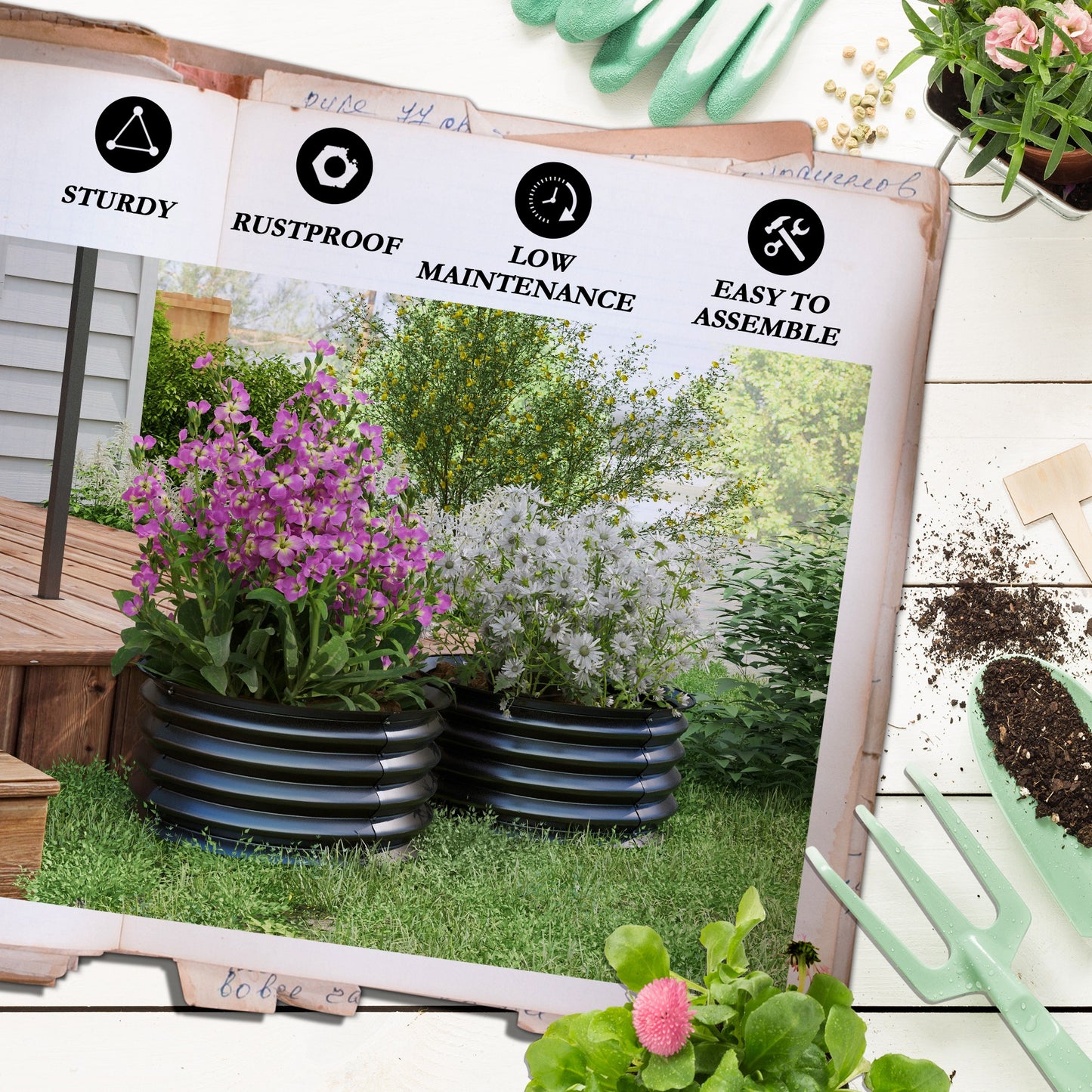 Outsunny Set of 2 Raised Garden Bed Metal Planter Box with Safety Edging Easytoassemble Stock Tank Dark Grey