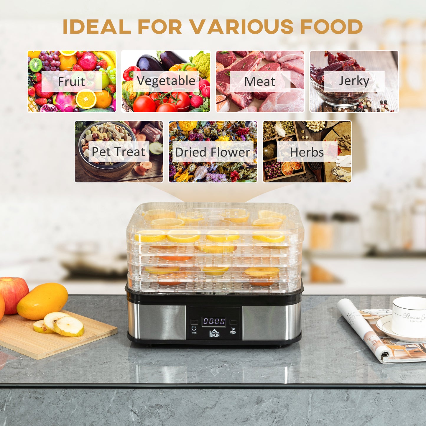 HOMCOM 5 Tier Food Dehydrator, 245W Stainless Steel Food Dryer Machine with Adjustable Temperature, Timer and LCD Display for Drying Fruit, Meat, Vegetable, Jerky and Pet Treat, Silver