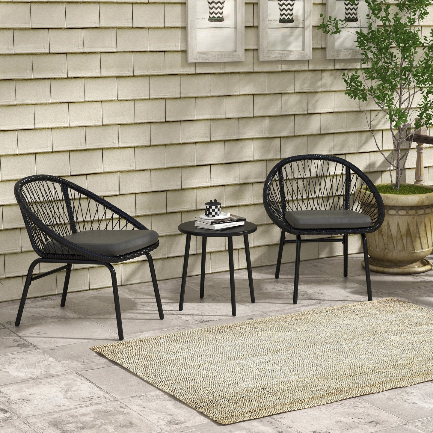 Outsunny 3 Piece Rattan Garden Bistro Set with Cushions, Round PE Rattan Furniture Set w/ 2 Armchairs & Metal Plate Coffee Table Conversation Furniture Sets, Black