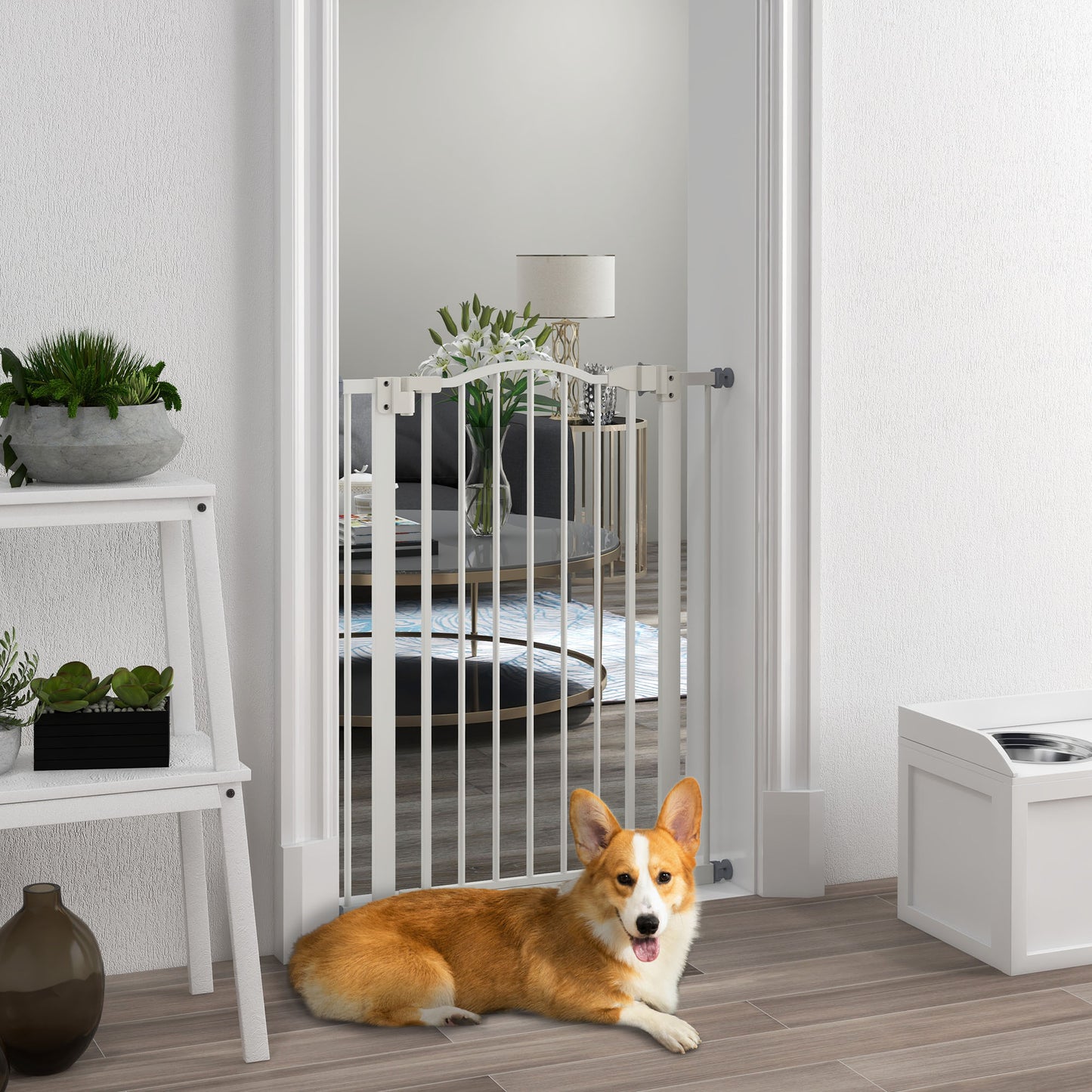 PawHut Metal Pet Safety Gate Dog Gate Folding Fence, White