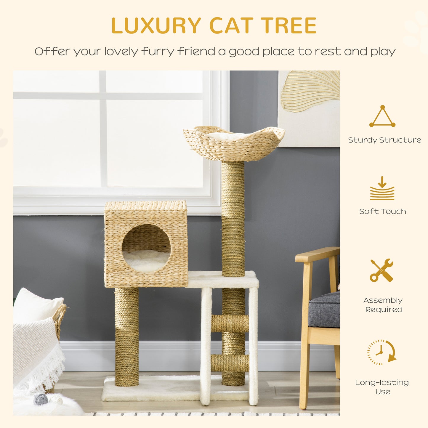 PawHut Cat Tree with Scratching Posts Bed Cat House Natural Finish