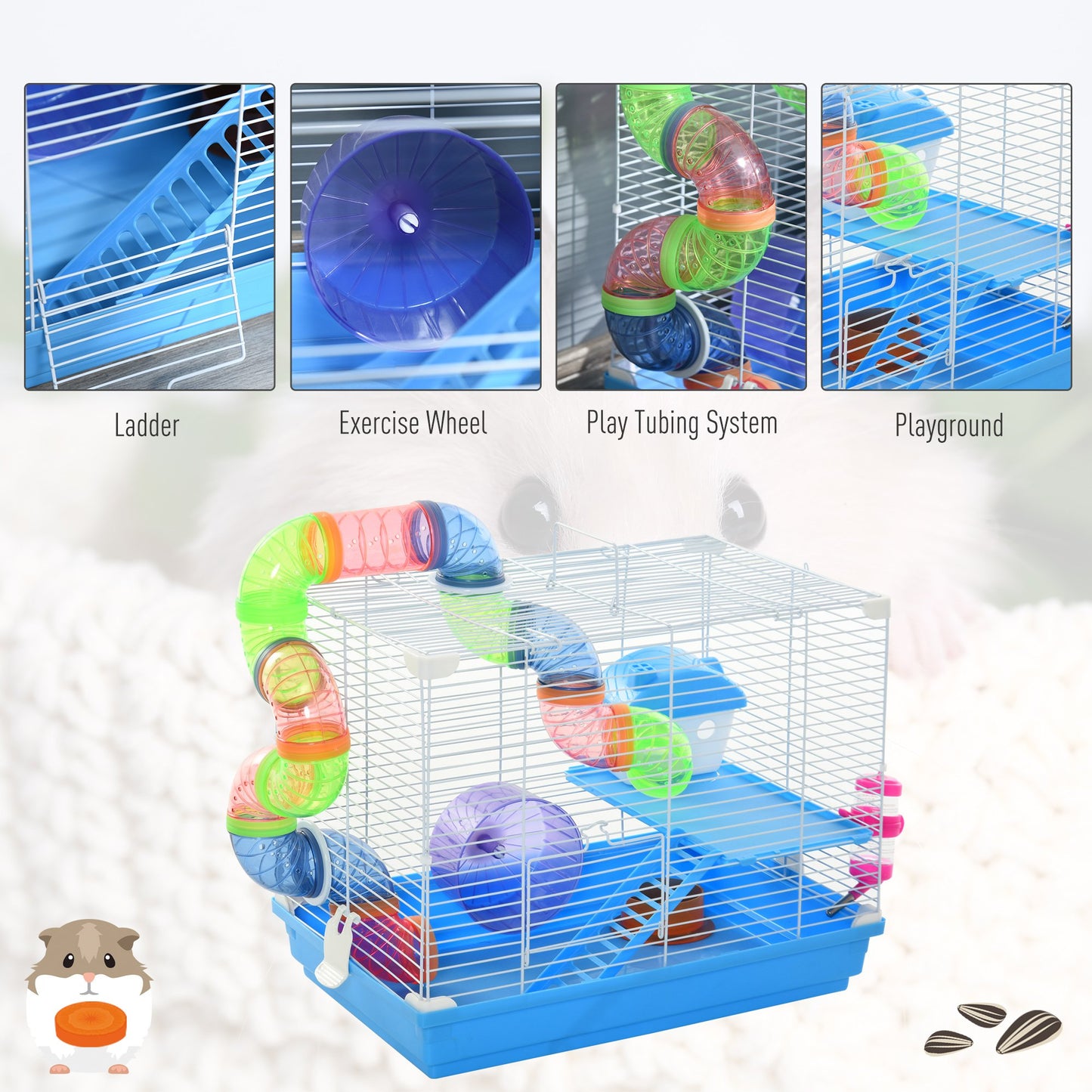 Pawhut 2 Tier Hamster Cage Carrier Habitat Small Animal House with Exercise Wheels Tunnel Tube Water Bottle Dishes House Ladder for Dwarf Mice, Blue w/