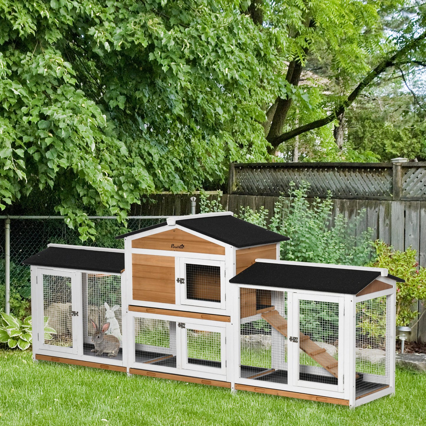 PawHut 2 Tier Wooden Rabbit Hutch, Guinea Pig Cage, Bunny Run, Small Animal House with Double Side Run Boxes, Slide-out Tray, Ramp, 230 x 53 x 93.5cm