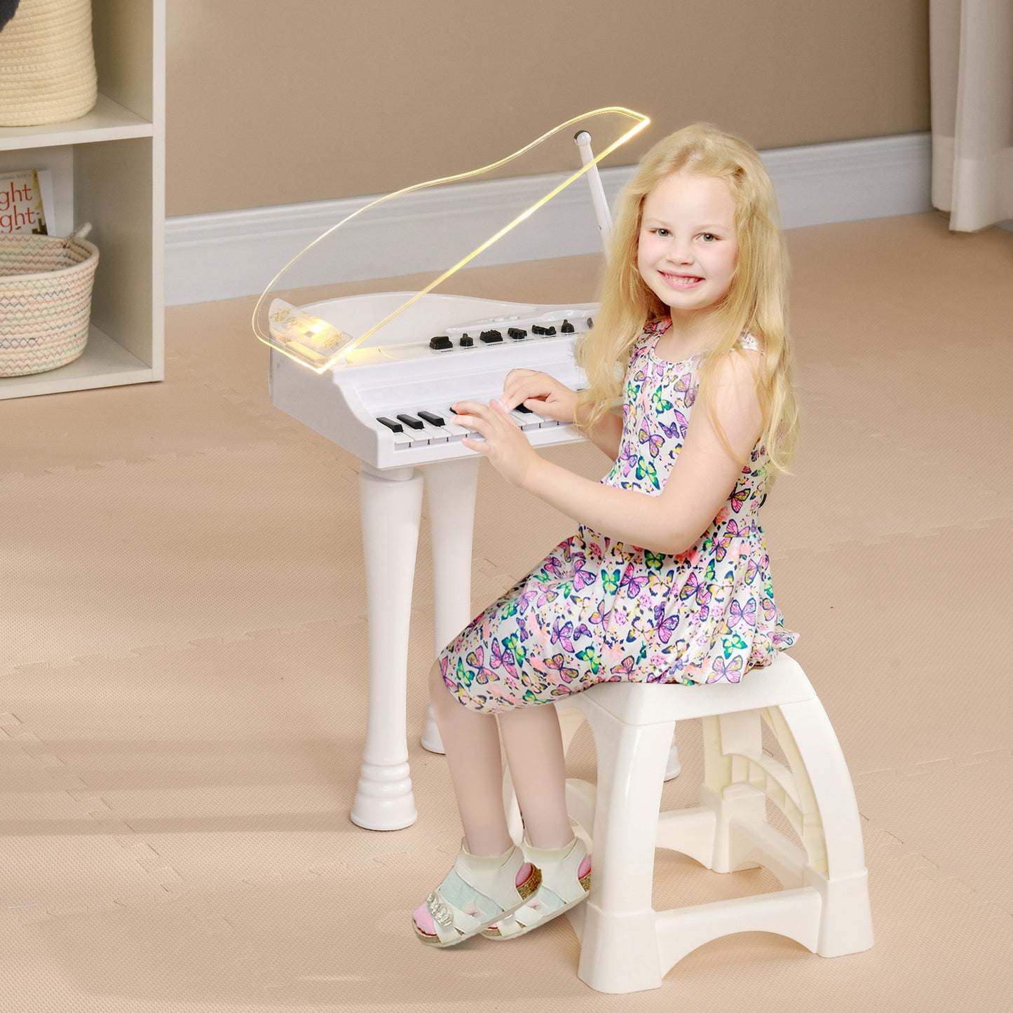 AIYAPLAY 32Key Kids Piano Keyboard with Stool Lights Microphone Sounds Removable Legs White