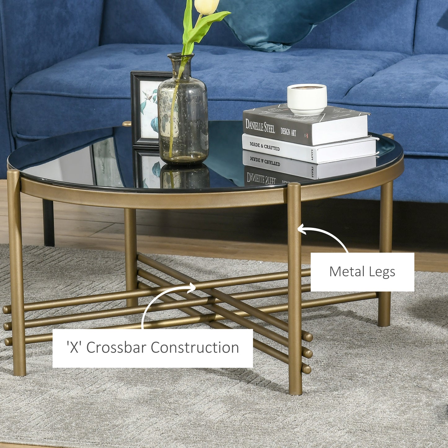 HOMCOM Round Coffee Table with Tempered Glass Top and Golden Metal Legs, Accent Cocktail Table for Living Room