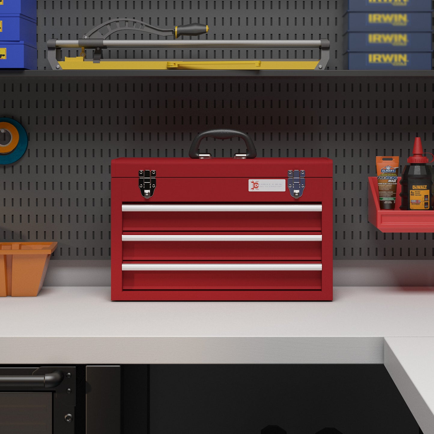 DURHAND Lockable Metal Tool Box 3 Drawer Tool Chest with Latches Handle Ball Bearing Runners Red