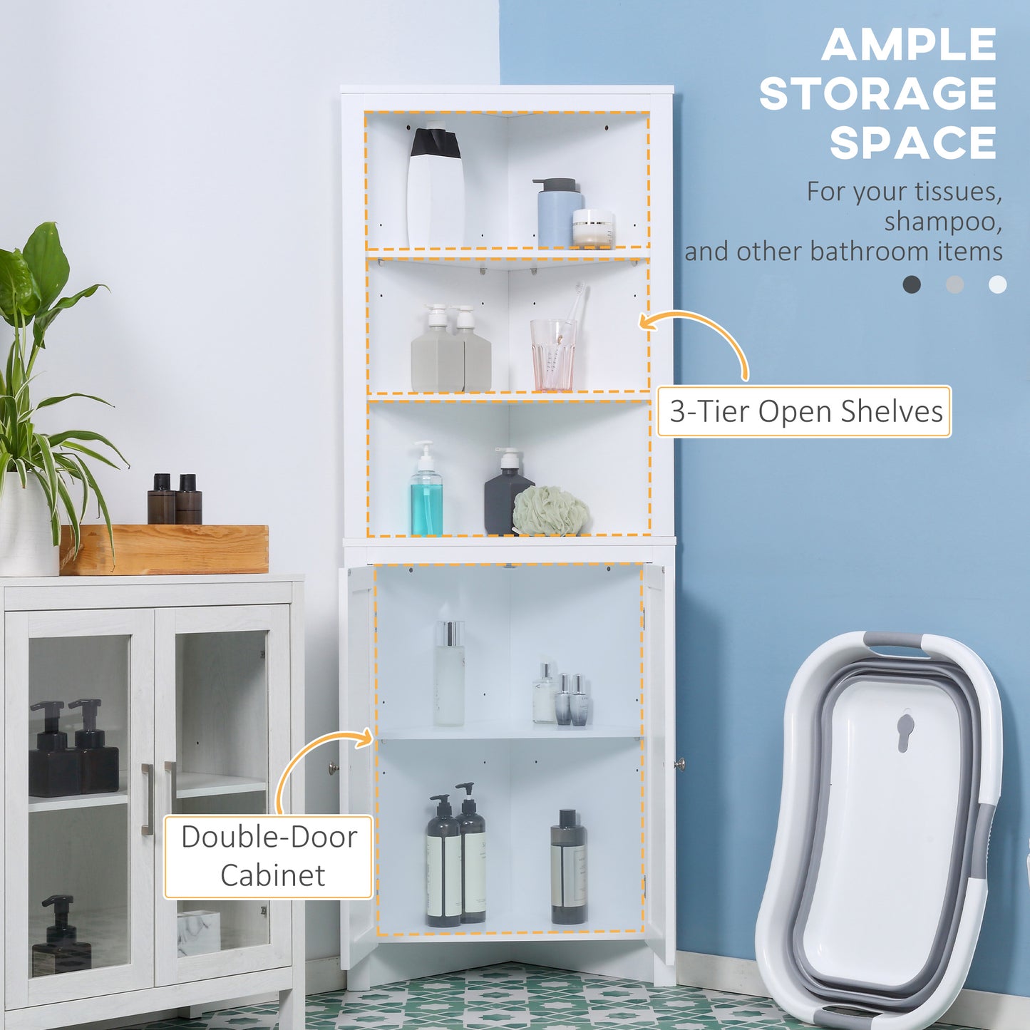 kleankin Triangle Bathroom Cabinet, Corner Bathroom Storage Unit with Cupboard and 3-Tier Shelves, Free Standing, White