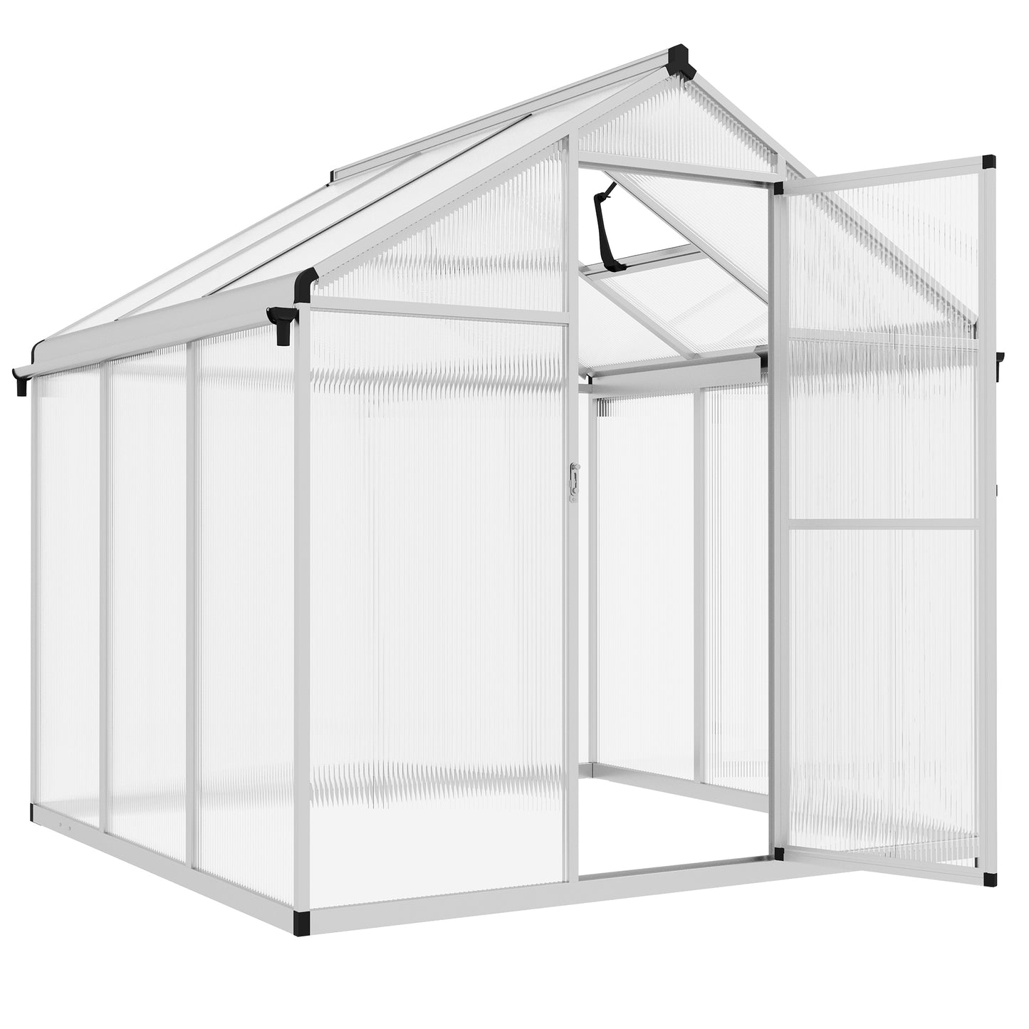 Outsunny 6 x 6ft Polycarbonate Greenhouse with Rain Gutters, Large Walk-In Green House with Door and Window, Garden Plants Grow House with Aluminium Frame and Foundation