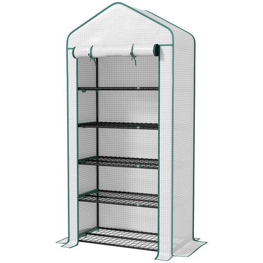 Outsunny 5 Tier Widened Mini Greenhouse with Reinforced PE Cover Portable Indoor Outdoor Green House with Rollup Door and Wire Shelves 193H x 90W x 49Dcm White