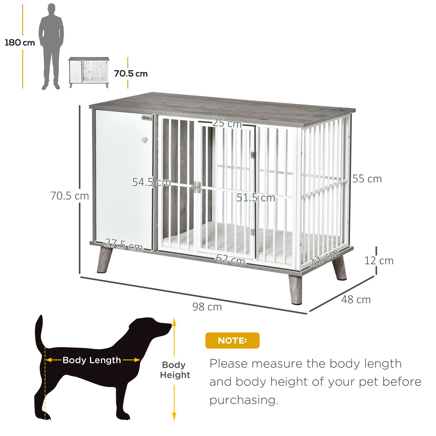 PawHut Furniture Style Dog Crate, Pet Cage Kennel End Table, Indoor Decorative Dog House, with Wooden Top, Door, for Small Dogs, Grey Dogs