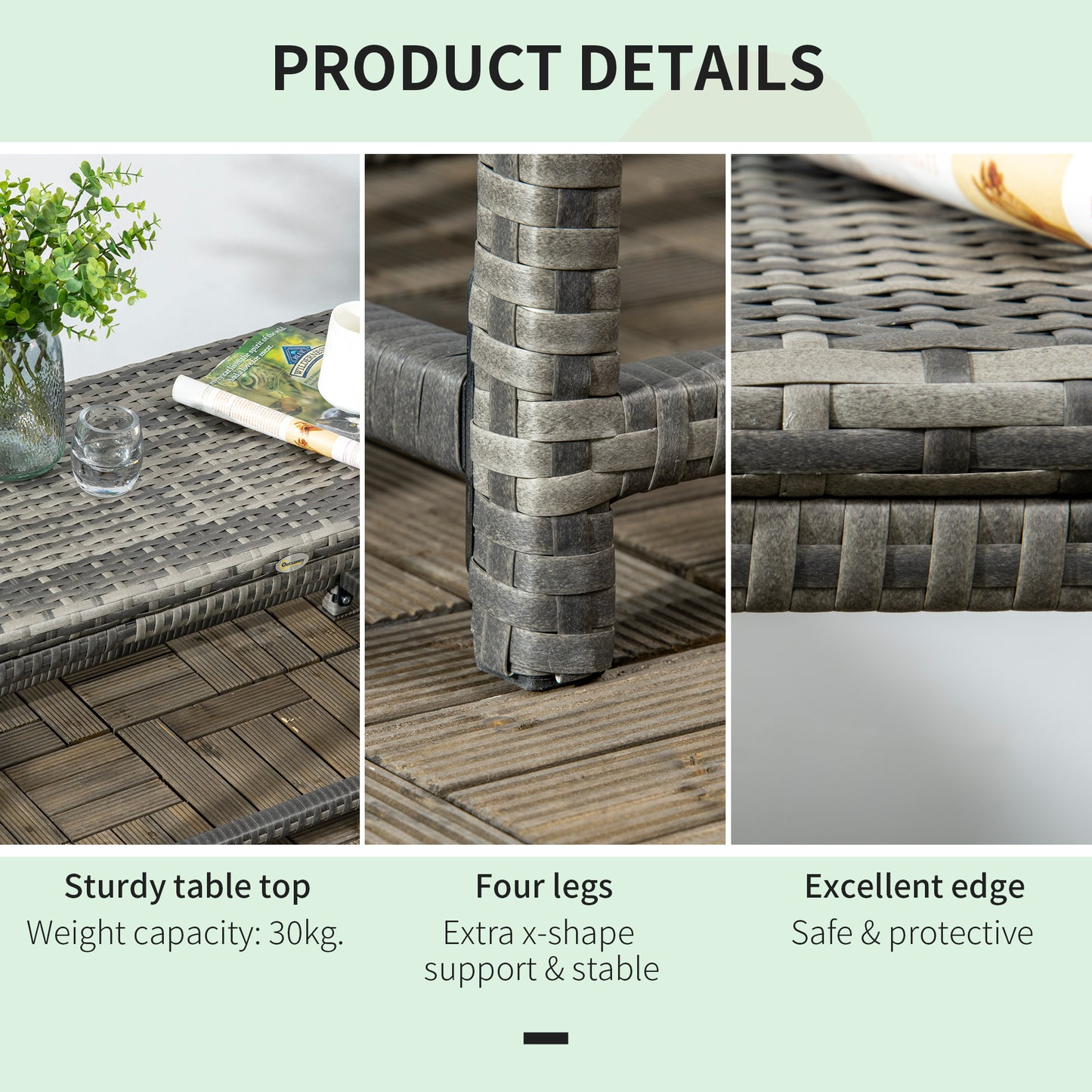Outsunny Outdoor Coffee Table, Garden PE Rattan Side Table with Plastic Board Under the Full Woven Table Top and X-Shape Support for Patio, Balcony, Mixed Grey