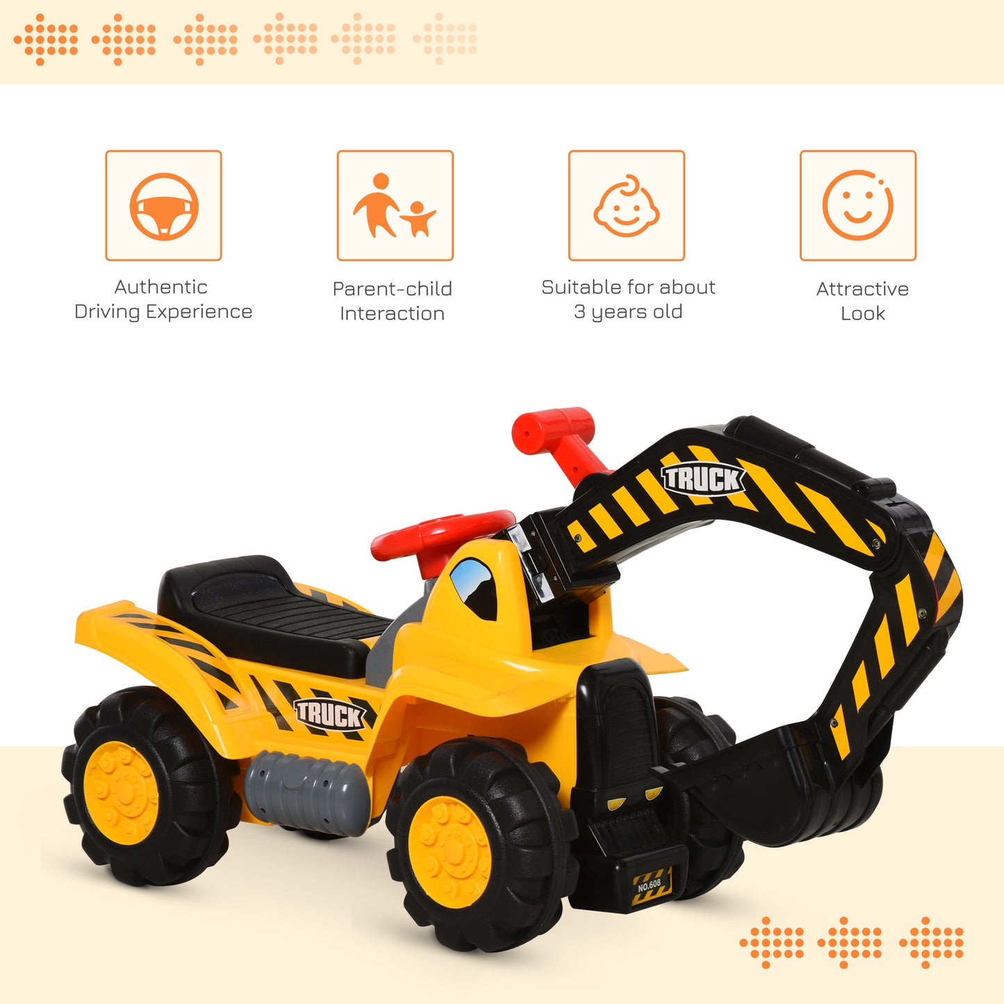 HOMCOM Kids 4-in-1 HDPE Excavator Ride On Truck Yellow/Black