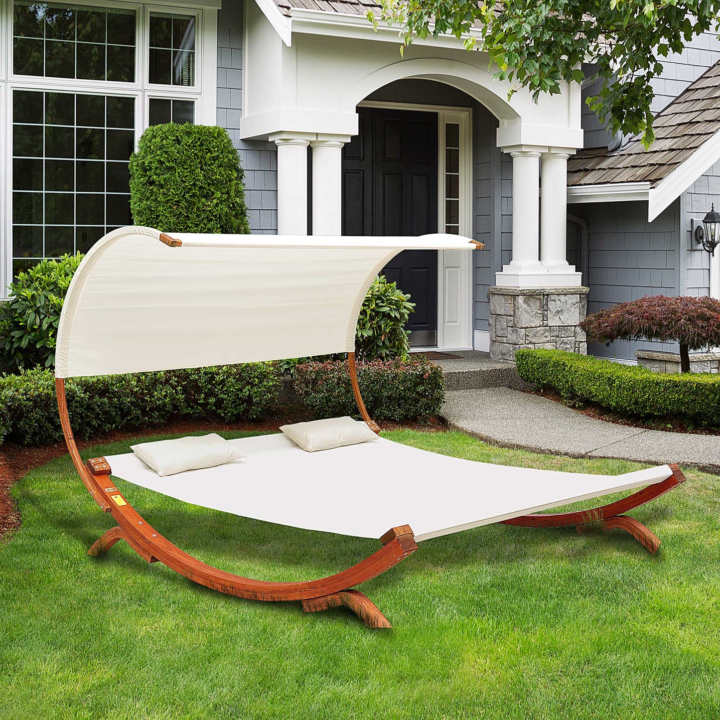 Outsunny Wooden Hammock Lounger Chaise Double Sun Bed Canopy Shelter Outdoor Wood White Garden-Cream