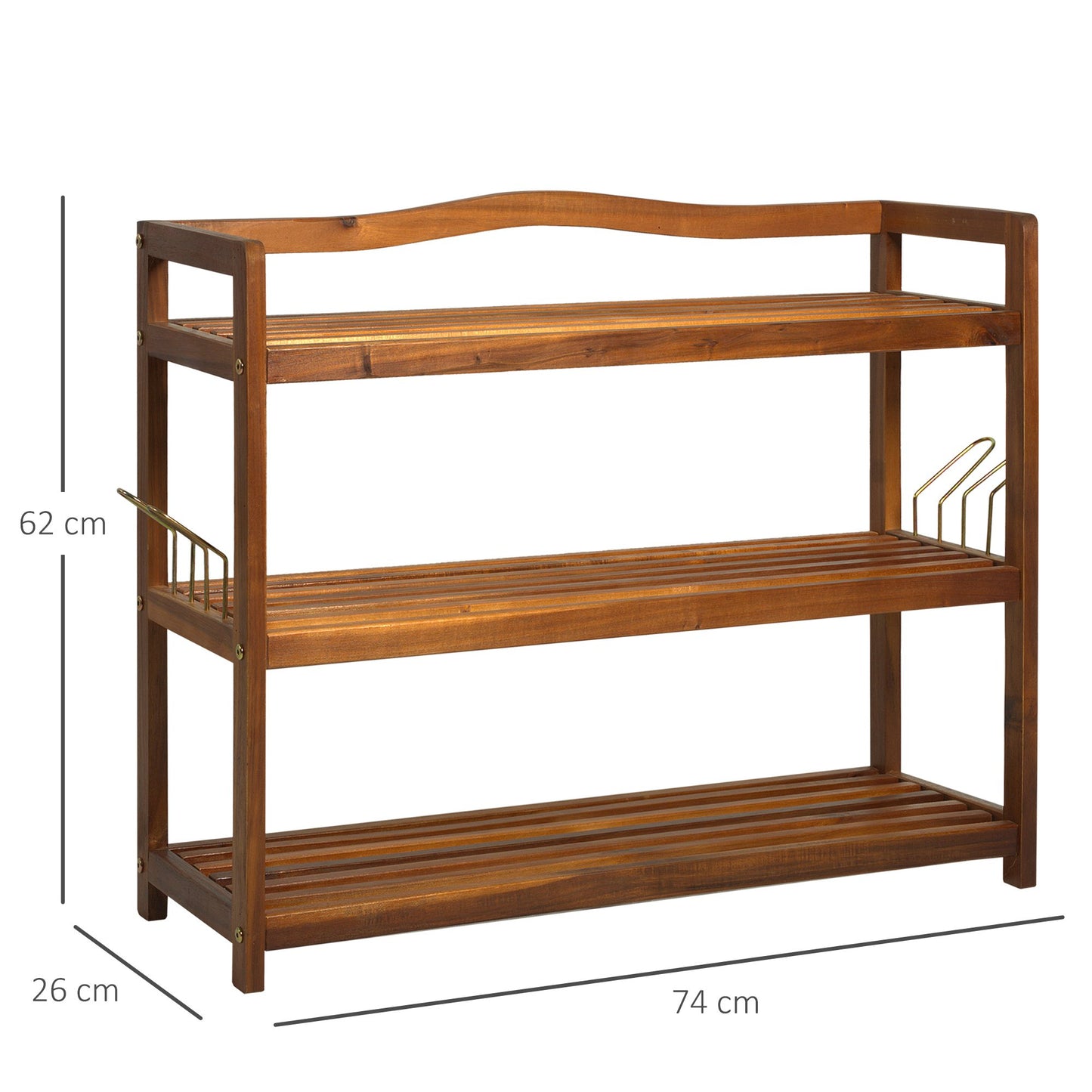 HOMCOM 3-Tier Shoe Rack, Acacia Wooden Shoe Storage Organiser with 2 Hangers, Holds up to 12 Pairs, for Entryway, Living Room, 74 x 26 x 62 cm, Teak Shelf Bedroom