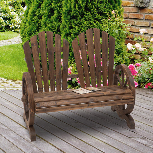 Outsunny Comfortable Fir Logs Love Chair with Wheel-Shaped Armrests, Outdoor Wooden Loveseats, Carbonized color
