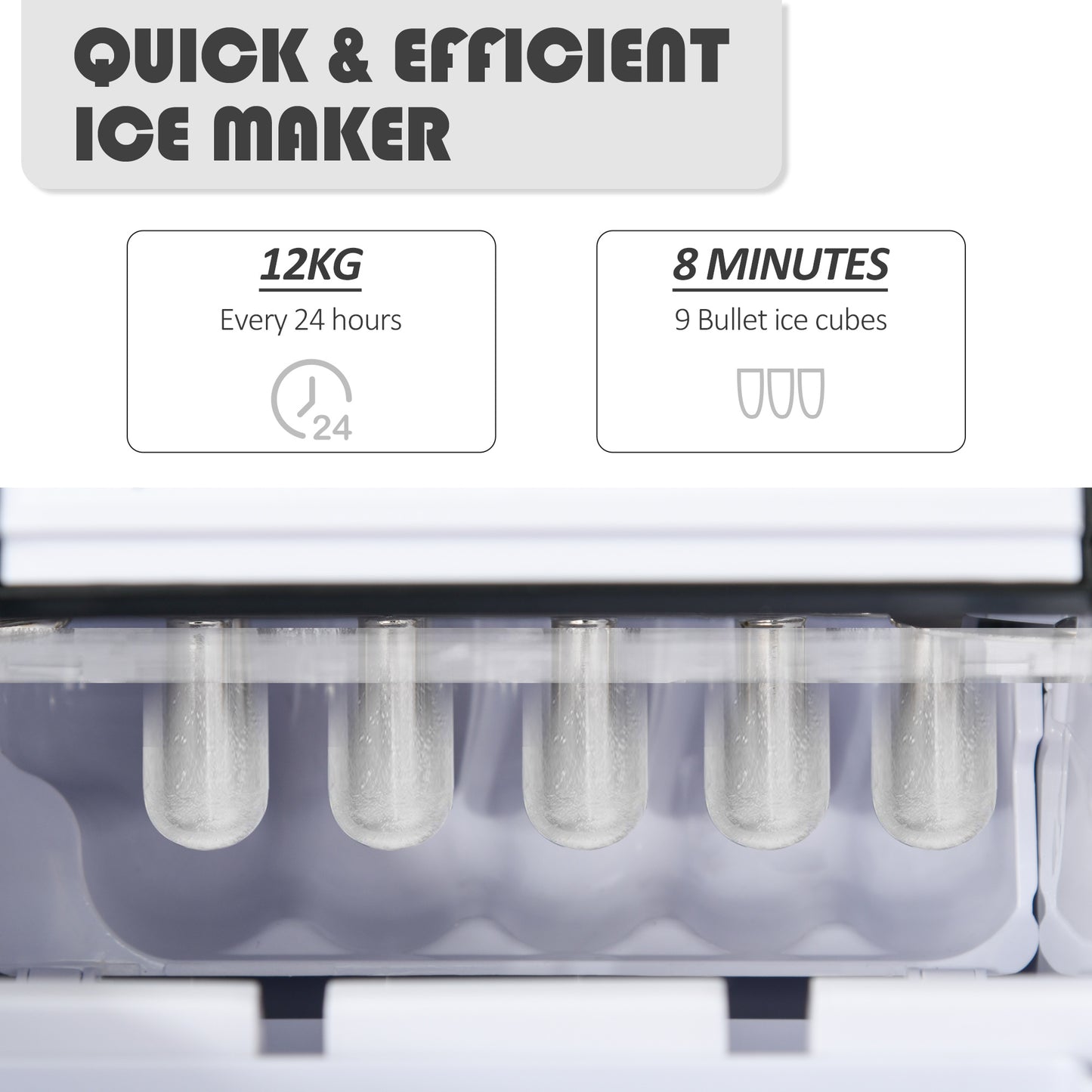 HOMCOM Portable Ice Maker Countertop, Bullet Ice Cube Machine, 9 Ice Cubes per 8 Minutes, Automatic Cleaning, Visible Window Scoop and Basket for Kitchen, Office, Bar, Black